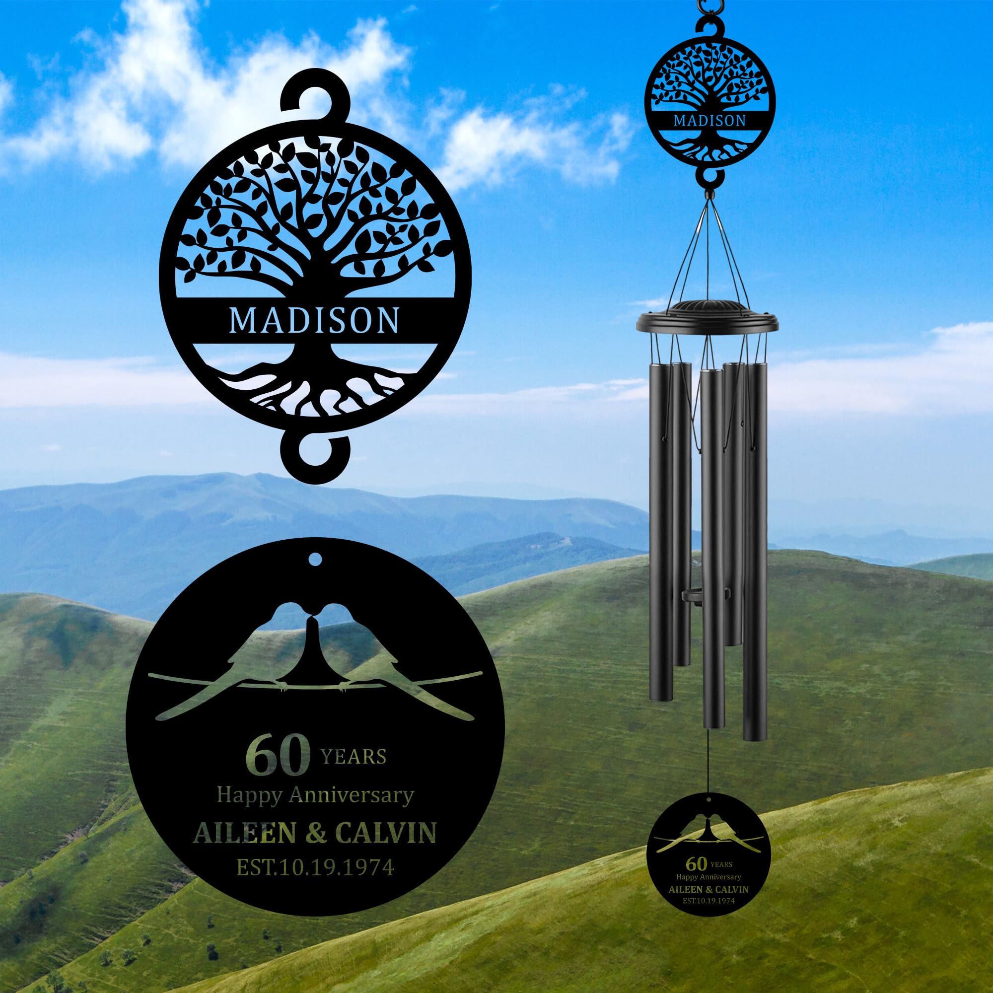 Personalized Anniversary Wind Chime Gift,15th 20th 25th 30th 35th 40th 50th 60th 65th 70th Any Year Anniversary Wedding Gift for Couple,Custom