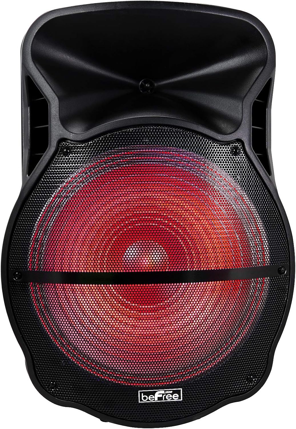 befree sound 18 inch bt portable rechargeable party speaker with sound reactive led party lights usbsd microphoneguitar inputs and fm radio black
