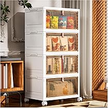 PurKeep Scatole Plastica con Coperchio – 28L*4 Contenitore con Coperchio, Scatole Portaoggetti con Porte e Ruote, Pieghevole Cassettiera in Plastica, bianco, 4 confezioni