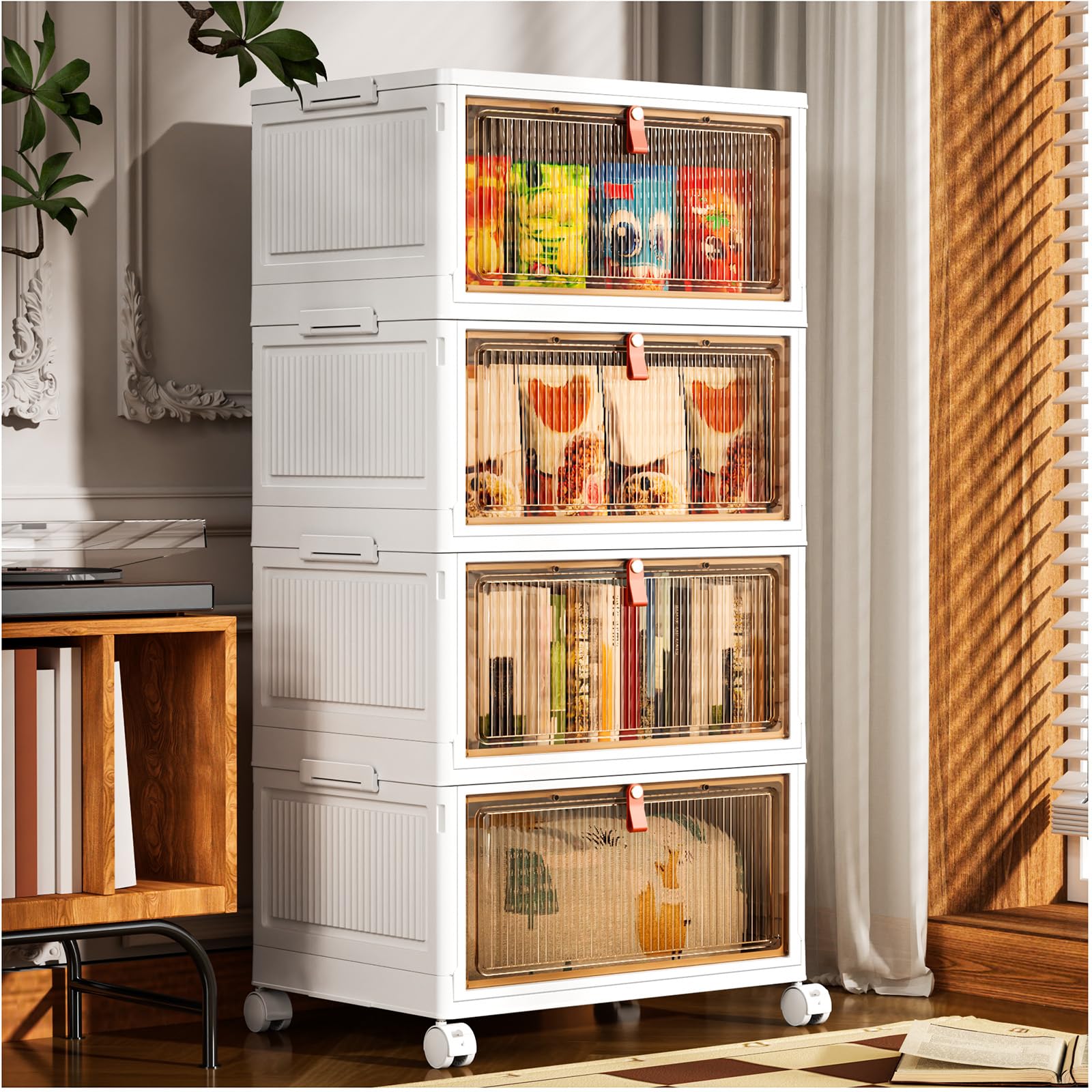 PurKeep Scatole Plastica con Coperchio - 28L*4 Contenitore con Coperchio, Scatole Portaoggetti con Porte e Ruote, Pieghevole Cassettiera in Plastica, bianco, 4 confezioni