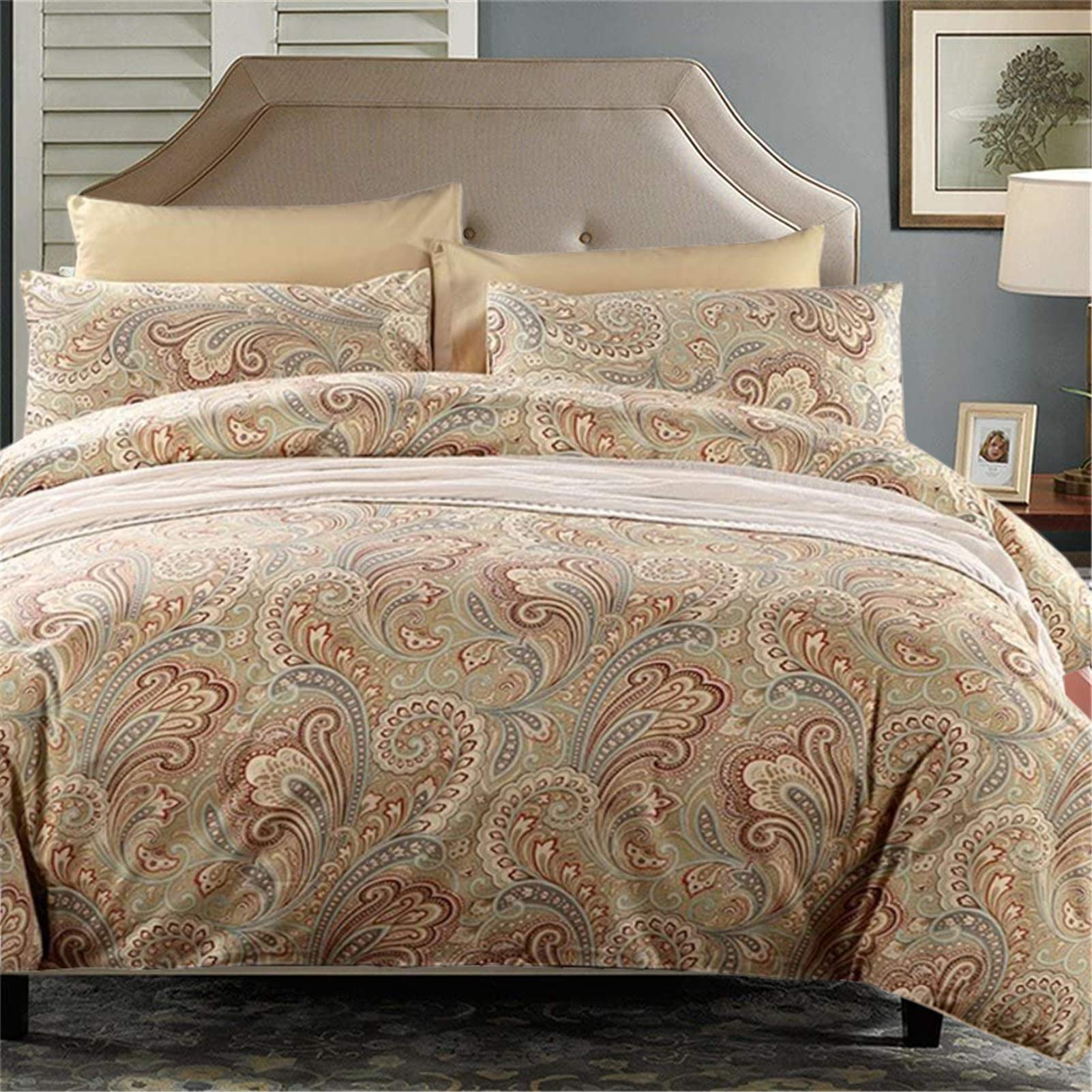 ABREEZECotton Damask Queen Duvet Cover Set Paisley Bedding Set 1 Duvet Cover with 2 Pillowcases 100% Egyptian Long-Staple Cotton Khaki,3pcs