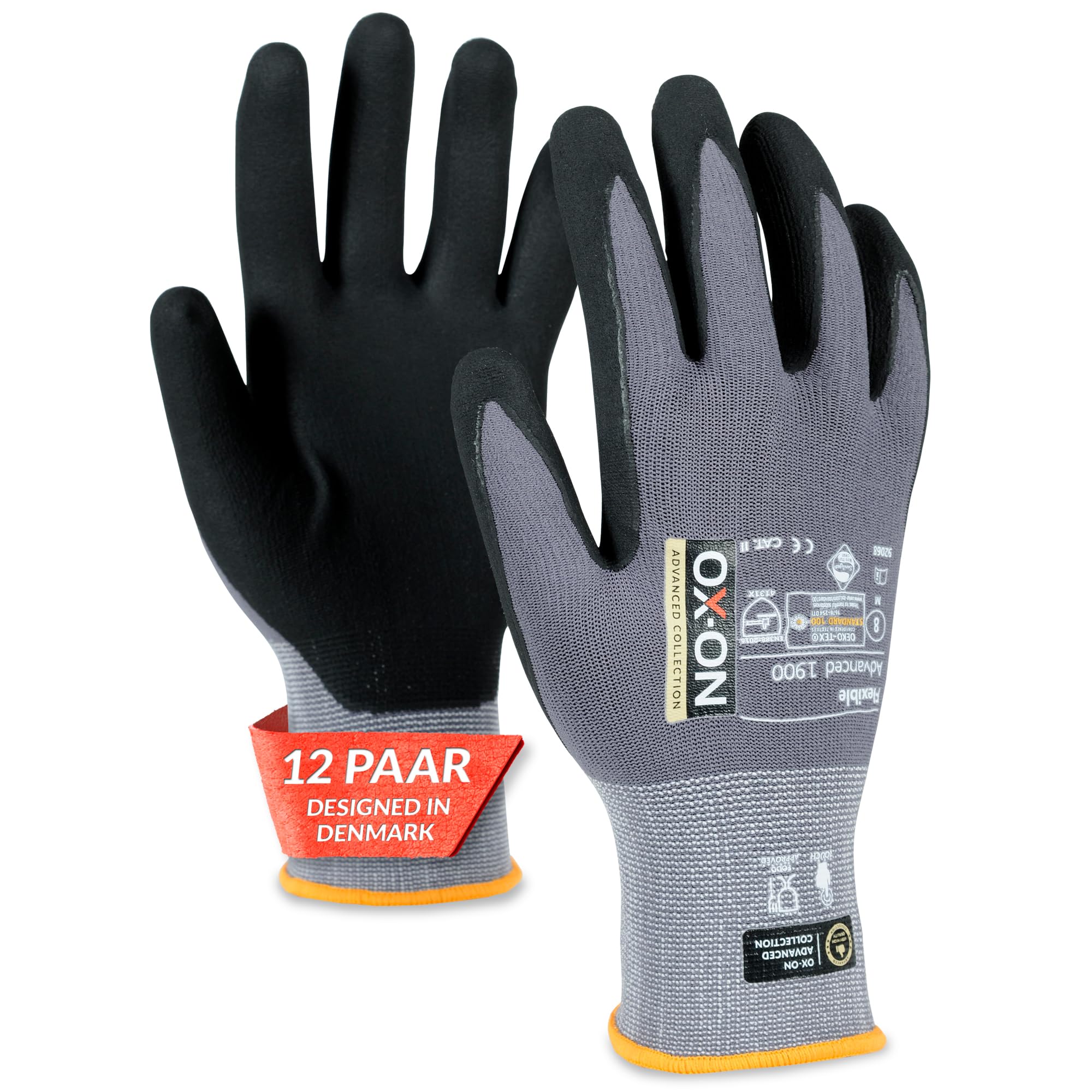 OX-ON Flexible Advanced 1900 Grey Work Gloves, Durable Safety Gloves, Secure & Precise Grip, Protective & Comfortable Nitrile Gloves, Phone Touch Function, Food Contact Sanitised - 12pairs,Size 6/XS