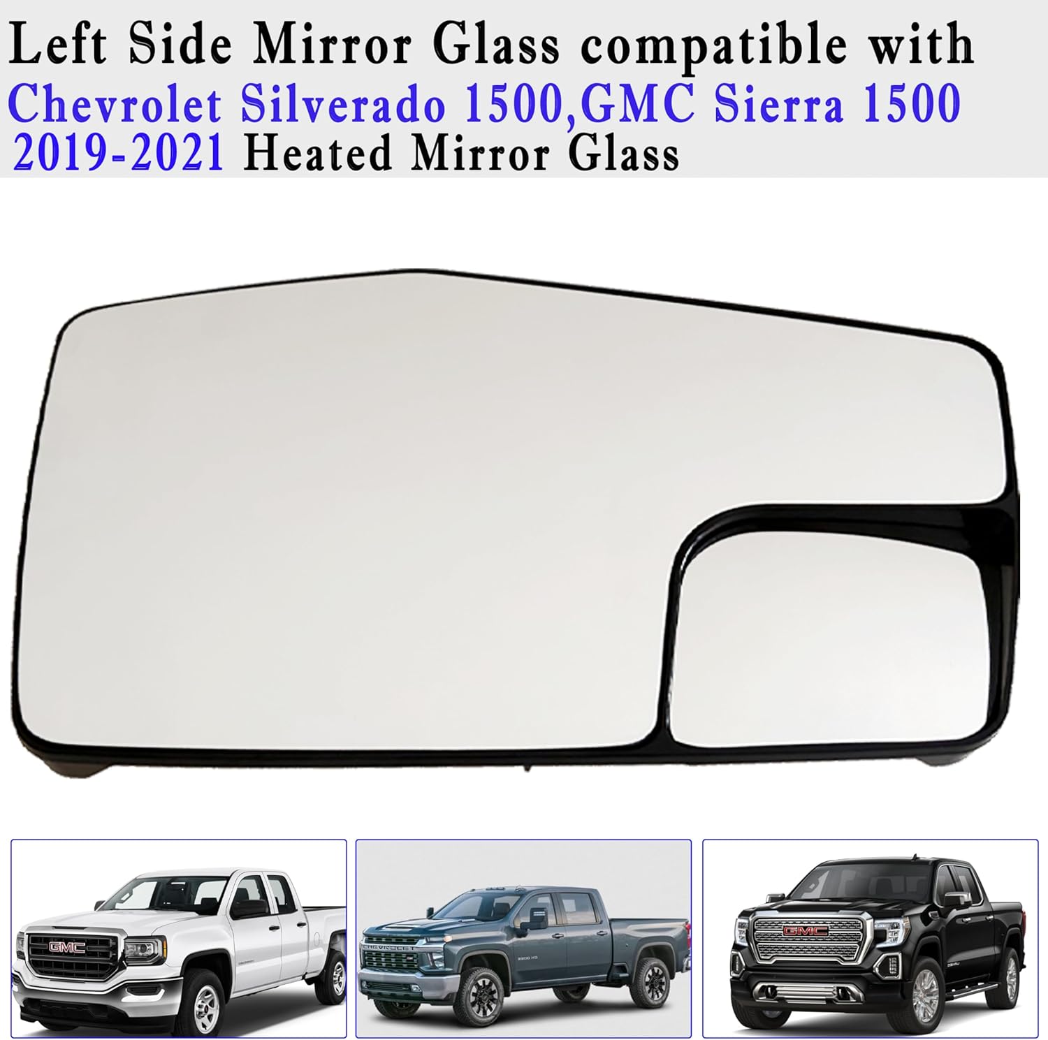 Driver Side Heated Mirror Glass Compatible with 2019-2024 GMC Sierra 1500 Chevy Sliverado 1500 Left Side Heated Mirror Glass Heated with Rear Holder