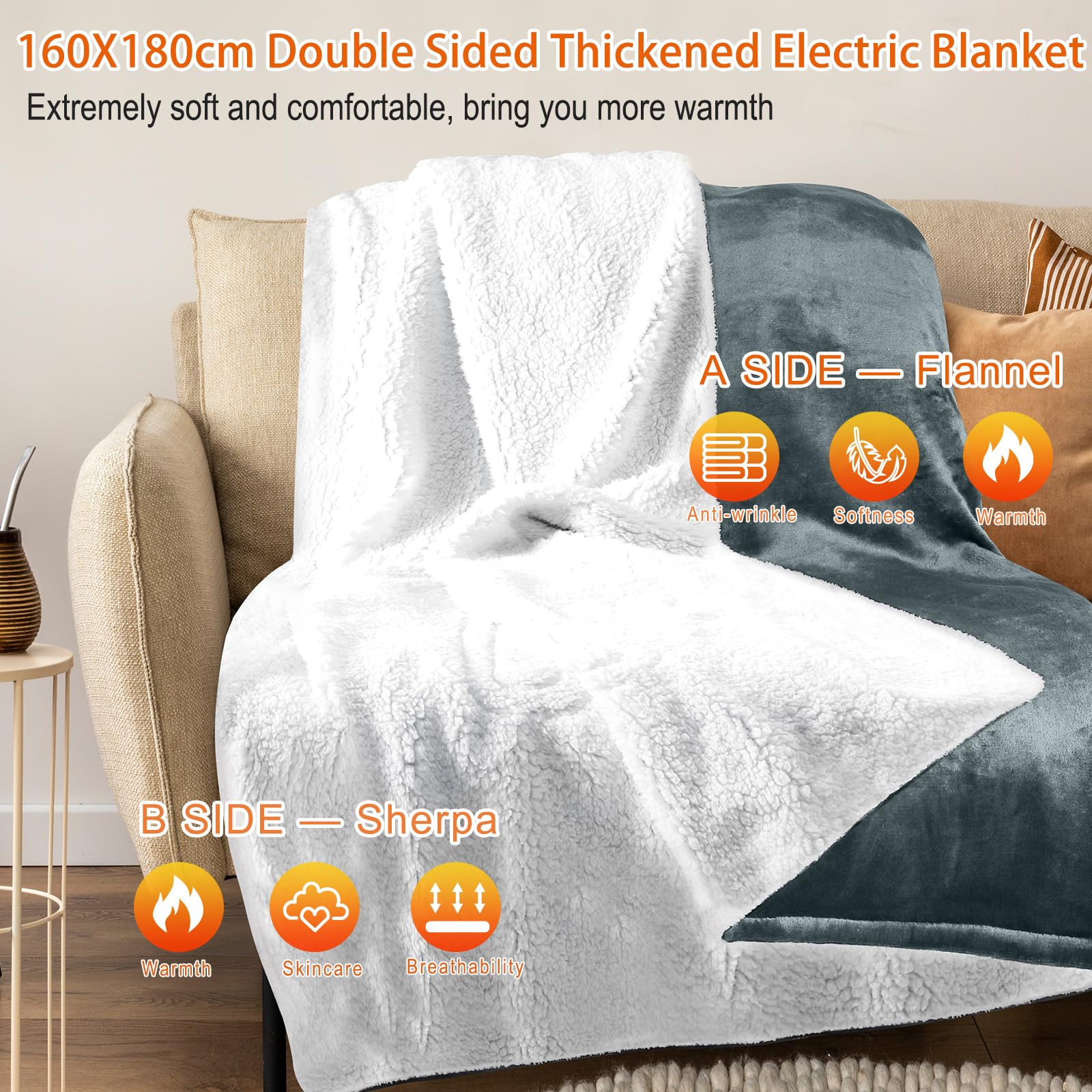 MYCARBON Coperta Elettrica Riscaldante 180x160cm, 6 Temperature da 30°C a 45°C, 9 Opzioni Timer 1-9h, Coperta Termica Matrimoniale Basso Consumo Lavabile(Grigio Chiaro)