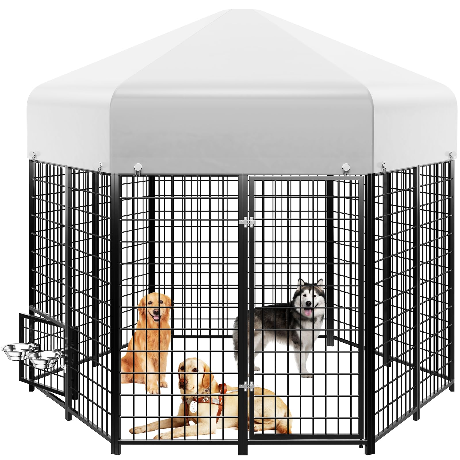 Dog Kennel Outdoor Round-Like, Large Outside Dog Kennel with Roof Swivel  Feeders/Doggy Door Allow Connecting Dog House, Heavy Duty Pet Enclosure Run