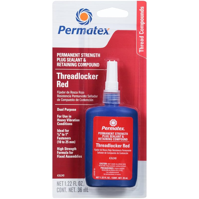 Permatex 26240 Trava-rosca vermelha de resistência permanente, líquido para fixadores de 9,5 a 25,4 mm (3/8 a 1 pol.), frasco de 36 mL