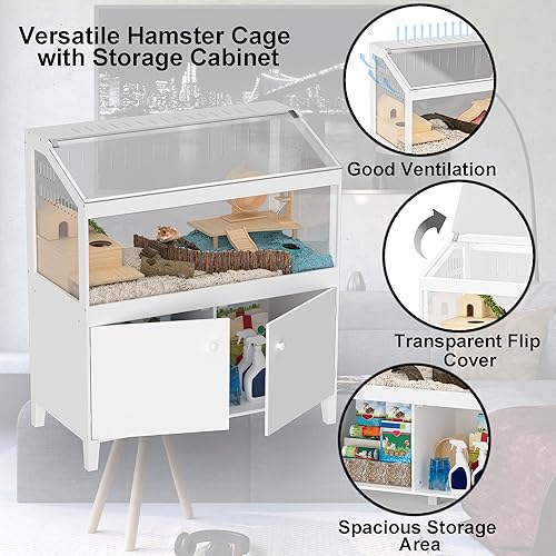 Miniatura 3 de GDLF Jaula para hámster con armario de almacenamiento, jaula para animales pequeños, paneles acrílicos de fácil visión, hábitat grande para erizo
