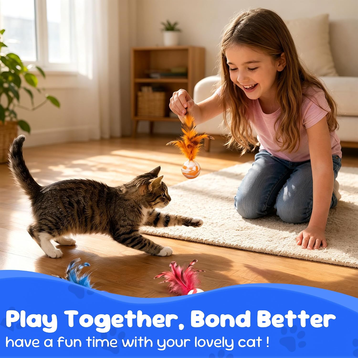 Cat Feather Toys 10 Pack, Cats Bouncy Balls for Indoor Cats | Feather Chase & Fetch Balls, Bouncy Tails Cat Toys with Durable Rubber, Interactive Home Chase Exercise Hunting Play