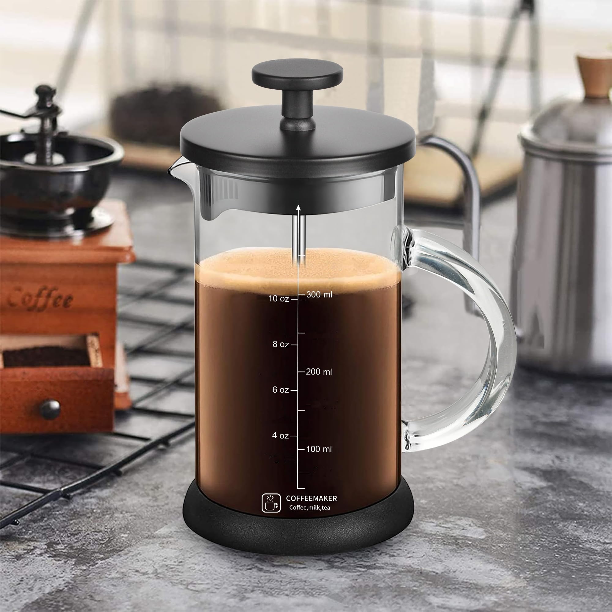 YMMIND Cafetera de prensa francesa de 12 onzas con sistema de 4 filtros, émbolo de acero inoxidable y vidrio de borosilicato resistente al calor, sin BPA, tetera preparada