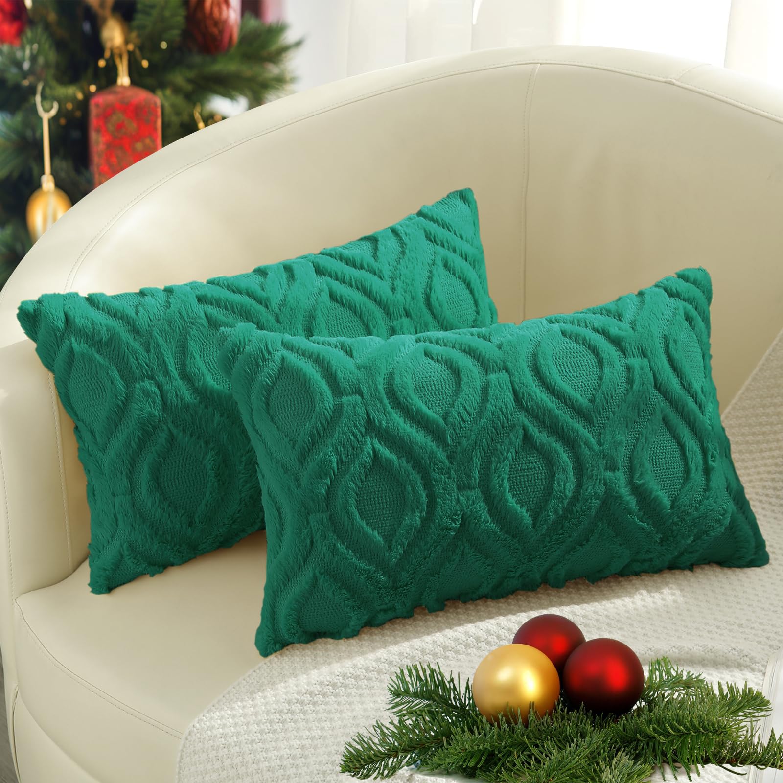 decorUhome Faux Fur Plush Soft Green Throw Pillow Covers 12x20 Set of 2