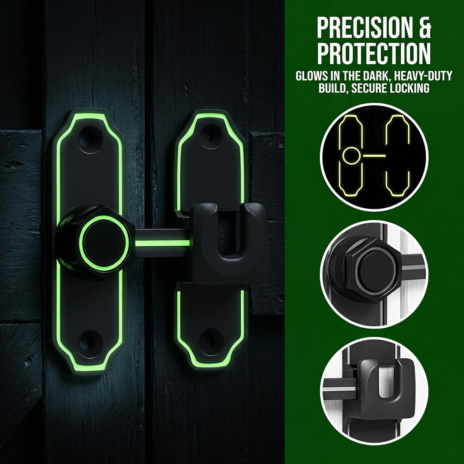 Luminous Barn Door Lock - 90 Degree Gate Latches Flip Latch Safety Door Bolt Lock Hardware - Glow in The Dark Sliding Door Lock for Bathroom, Garden, Garage, Pet Cage (Black, 1 Pack)