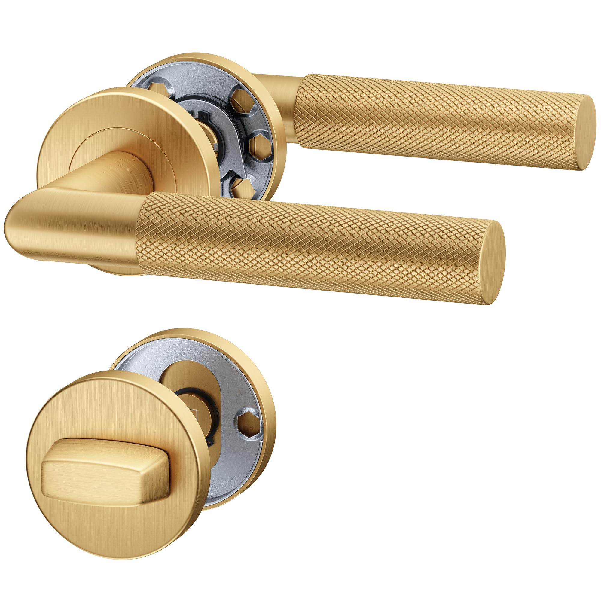 ERGO line BAUHAUS Modern, Gold Türbeschlag Türgriff für Badtüren WC PVD-Gold matt L-FORM, Rund-Rosette Drückergarnitur, Türklinke, Türdrücker