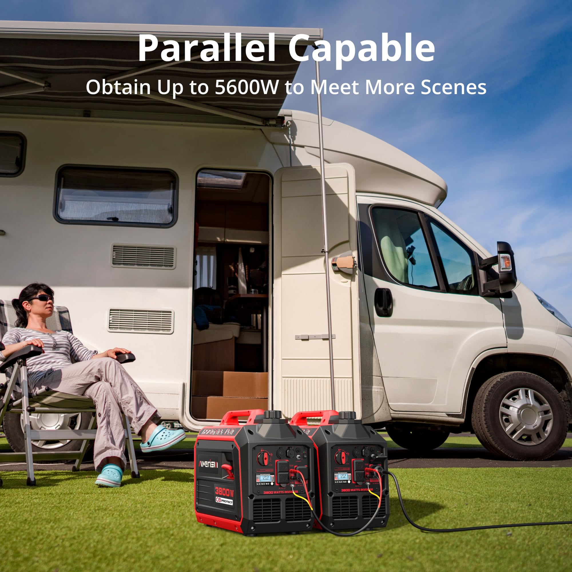 AMERISUN Generatore inverter portatile alimentato a gas da 3800 W, generatore silenzioso con sensore CO modalità ECO, capacità parallela, lunga durata, conforme EPA per tailgating casa campeggio uso