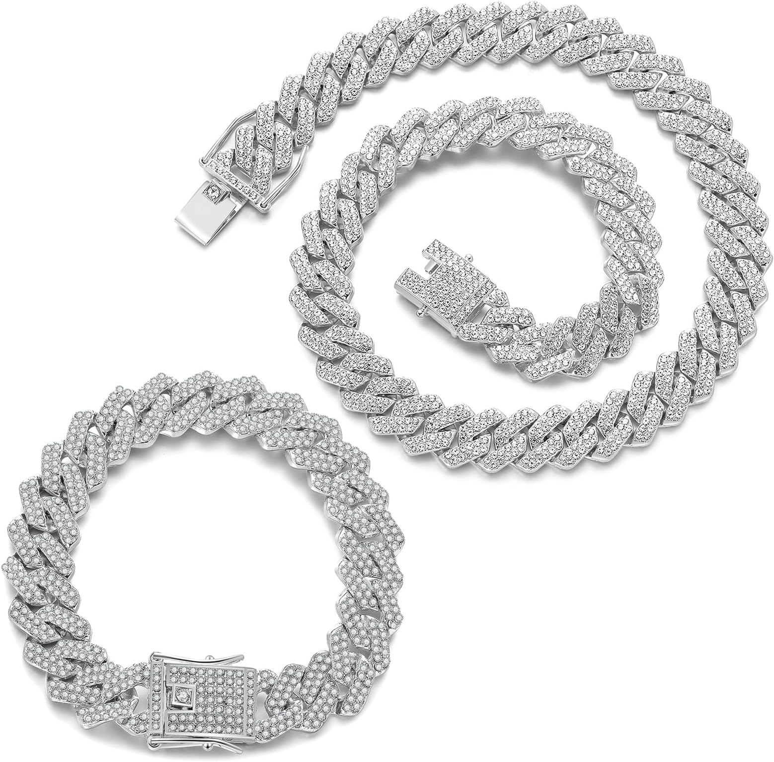 JUNVirtuous 2 Pieces Cuban Link Chain Mens Iced Out Miami Cuban Necklace and Bracelet Silver Bling Diamond Hip Hop Jewelry for Men and Women…