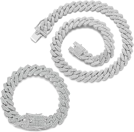 JUNVirtuous 2 Pieces Cuban Link Chain Mens Iced Out Miami Cuban Necklace and Bracelet Silver Bling Diamond Hip Hop Jewelry for Men and Women…