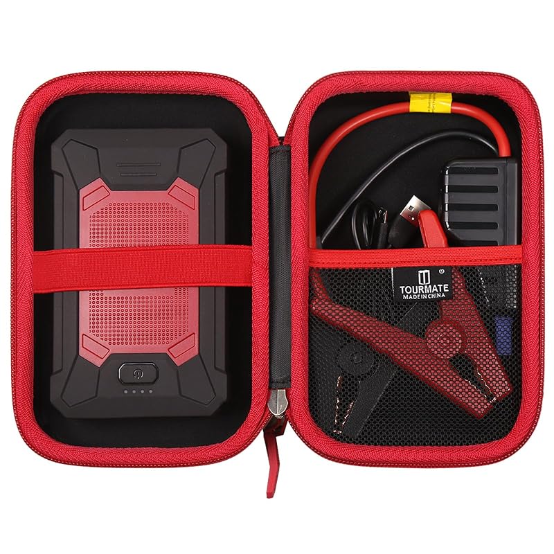 Estojo Rígido Tourmate para Auxiliar de Partida Automotivo Portátil, com Bolso em Tela e Alça, Preto e Vermelho
