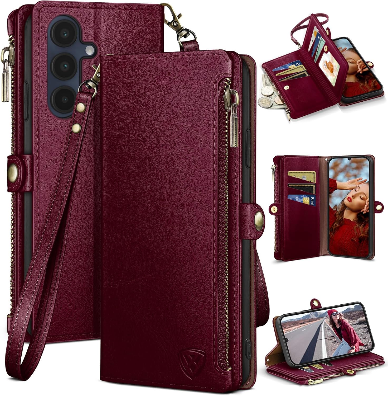 XcaseBar compatible with Samsung Galaxy A16 5G Wallet case with Zipper Credit Card Holder【RFID Blocking】,Flip Folio Book PU Leather Phone case Shockproof Cover Women Men for Samsung A16 case Wine Red