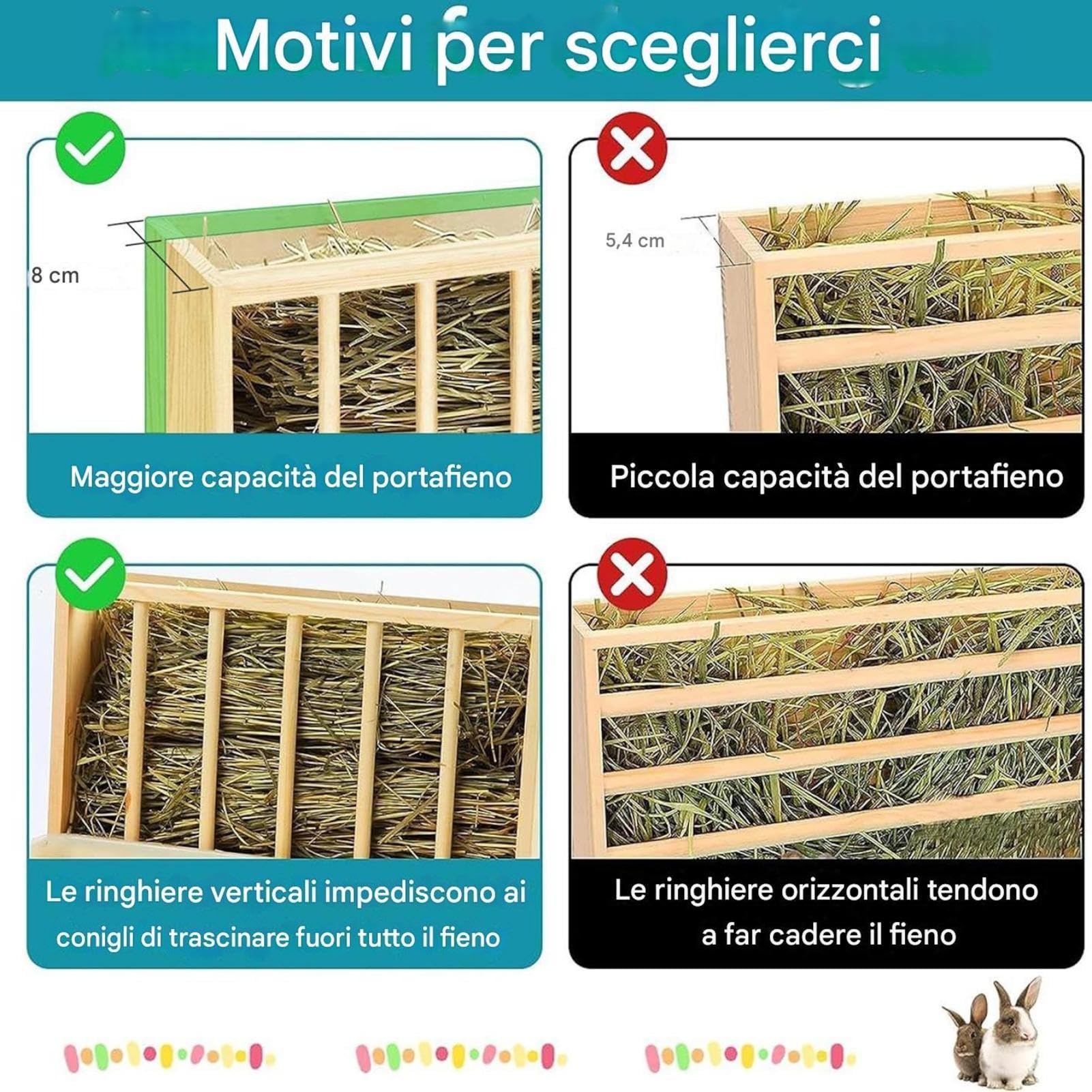 Stazione di alimentazione per piccoli animali in legno - Fieno per conigli, rastrelliera con set di ciotole per lettiera, dispenser per organizer per cibo per animali domestici, di p