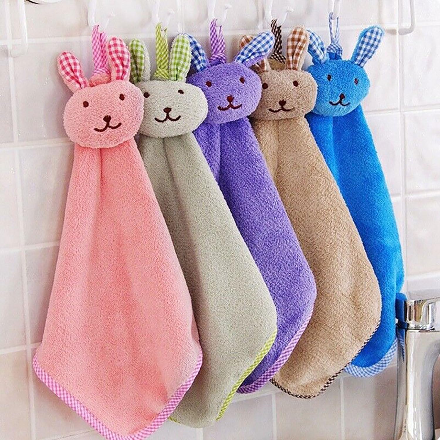 ALOUD CREATIONS Microfiber 4Pc Cute Plush Animal Hand Towels with Hanging Loop |Rabbit Theme |Wash Basin|Sink |Soft Hand Towel for Bathroom & Kitchen |400 GSM |Assorted Colours