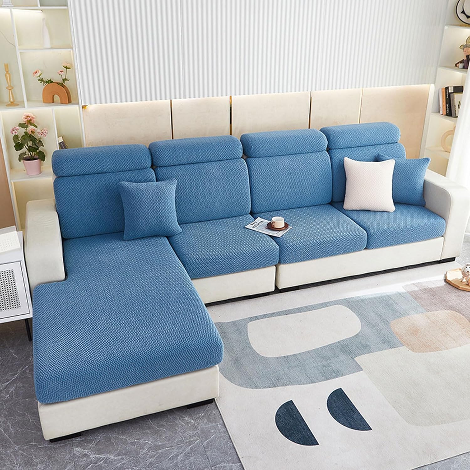HUHJYUGE Couch Cushion Covers Sofa Slipcovers, Stretch Cushion Cover for Sectional Couch, L Shaped Chaise Cushion Cover, Chaise Seat Cover with Non Slip Elastic Bottom (E 6)