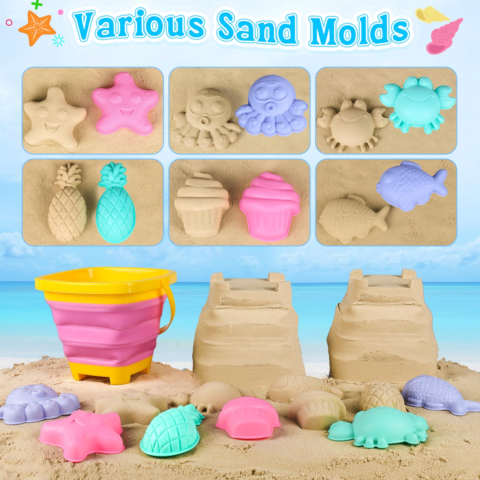 TSDATOWR Faltbares Strandspielzeug, 3 Silikon-Sandeimer für Kinder im Alter von 3–10 Jahren | Faltbare Eimer, Schaufeln, Formen und Netztasche für Strandutensilien, Sandkasten, Reisen, Multi-Szenen-Outdoor-Spielen