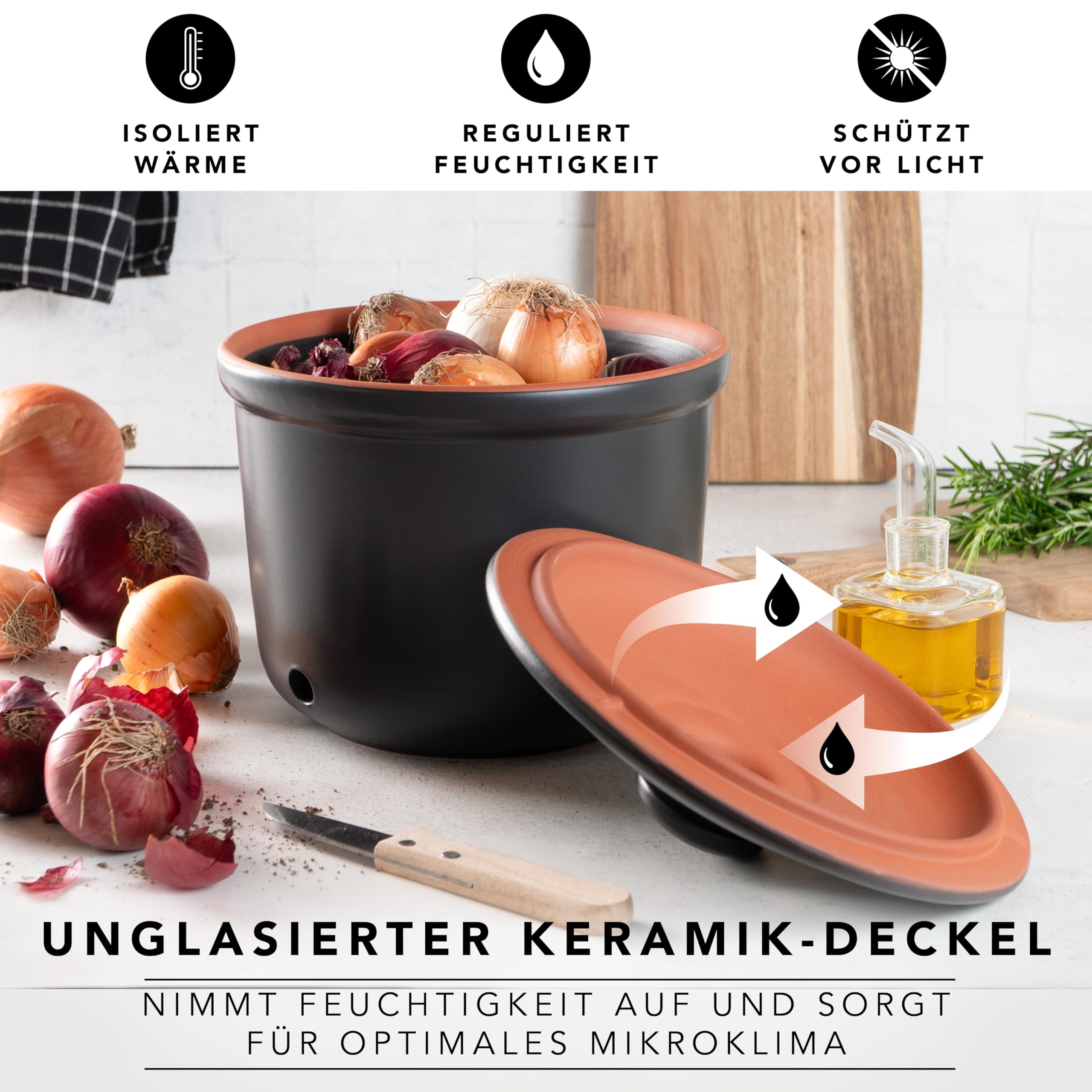 Römertopf Set 3 Contenitori Freschezza in Ceramica – Porta Aglio, Cipolle e Patate, Conservazione Naturale e Traspirante, Nero, tradizione dal 1967