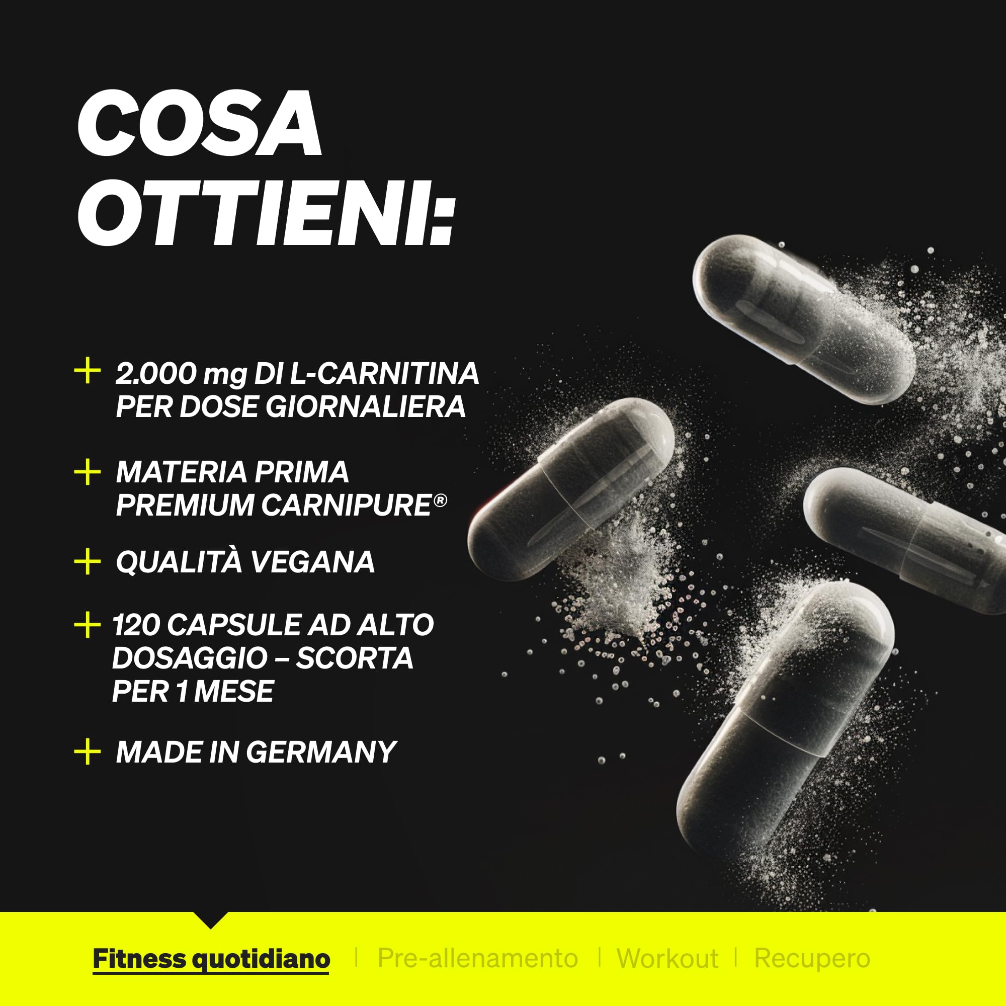 L-Carnitina 2000 con Carnipure, 2000 mg di L-carnitina per Dose Giornaliera, 120 Capsule Vegan, ad Alto Dosaggio e Senza Additivi, Prodotto e Testato in Laboratorio in Germania