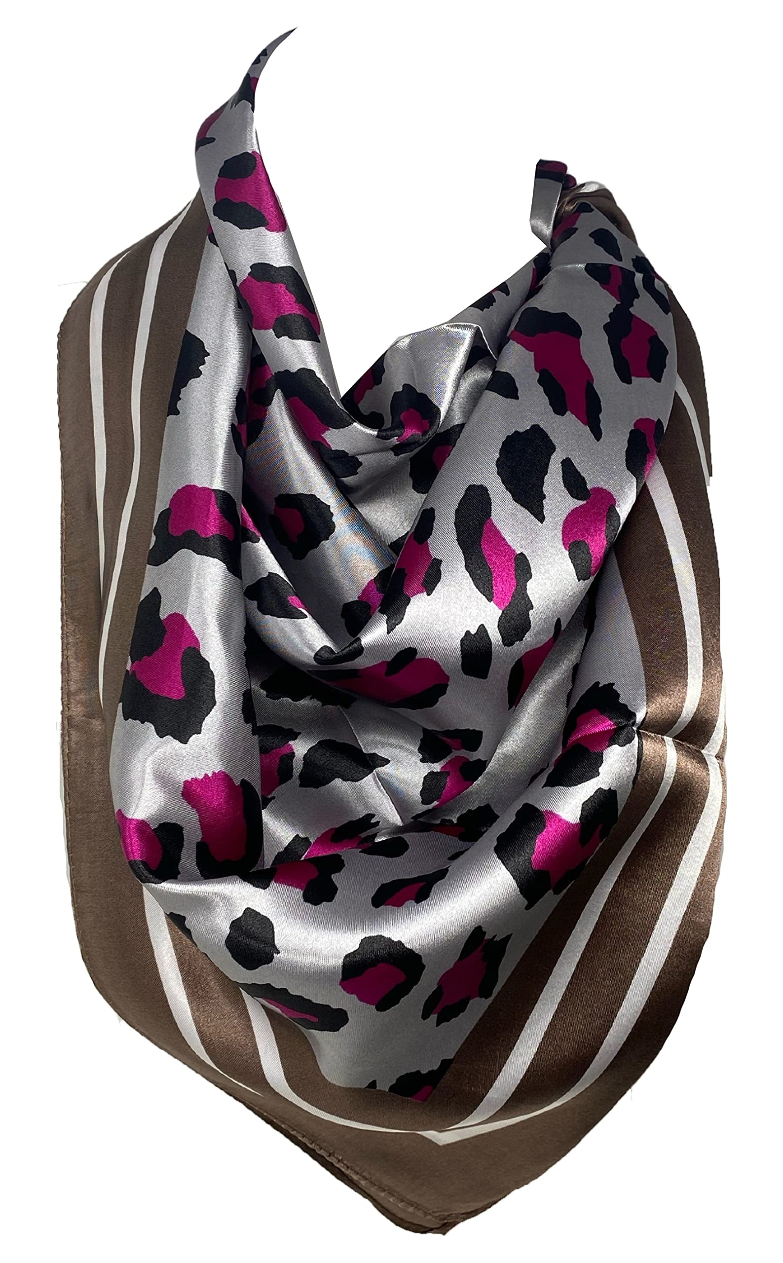 Bullahshah Women's Grey / Brown Scarf Shack ’S Silk Like Square Hair Scarf Sleeping Headscarf, Self-Embossed Animal Theme Print Bandana (Grey/Brown)