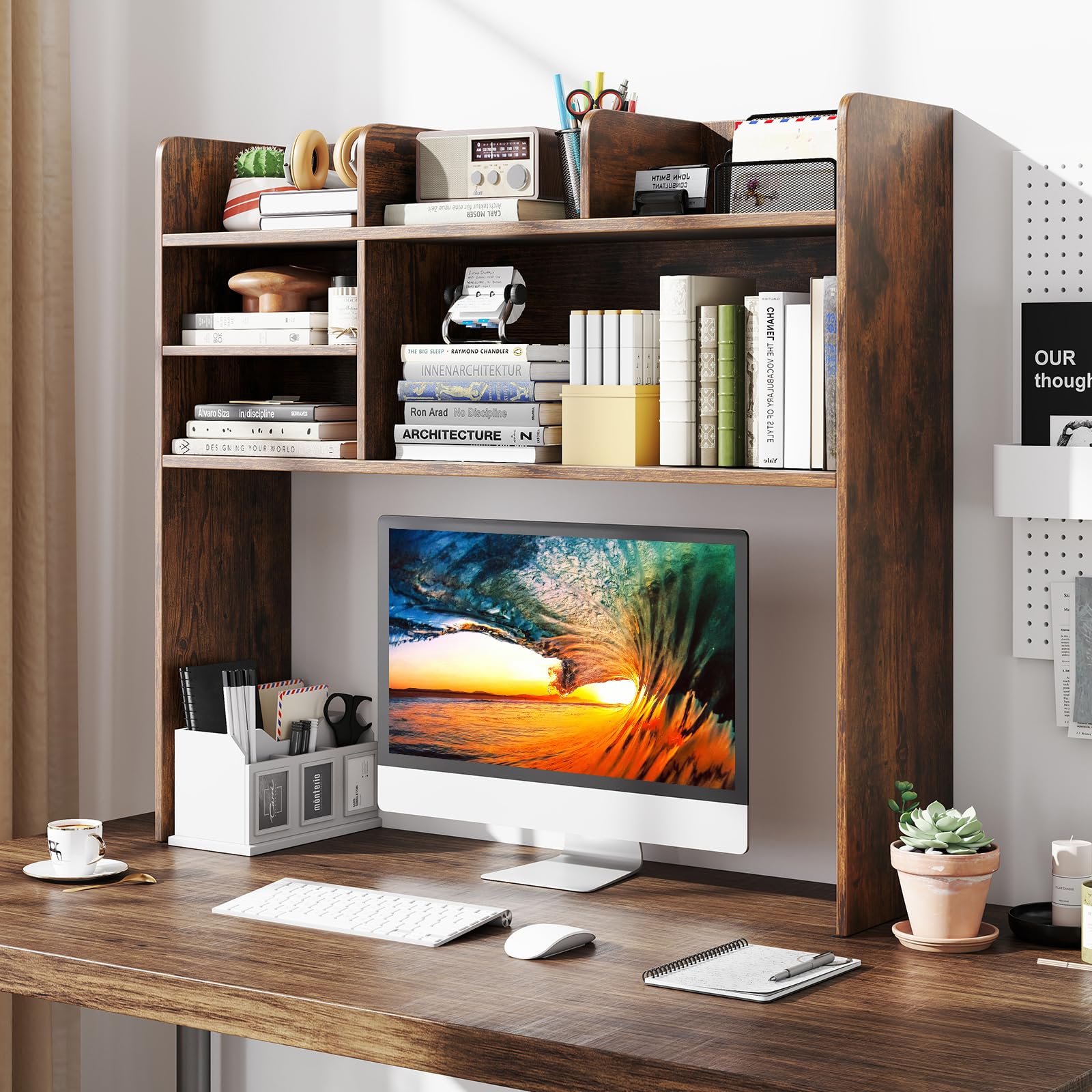 RELAX4LIFE Libreria da Scrivania con 6 Scomparti in Legno, Scaffale da Scrivania per Monitor, Organizzatore Aperto per Dormitorio Ufficio Studio, 94 x 24 x 85 cm (Industriale)