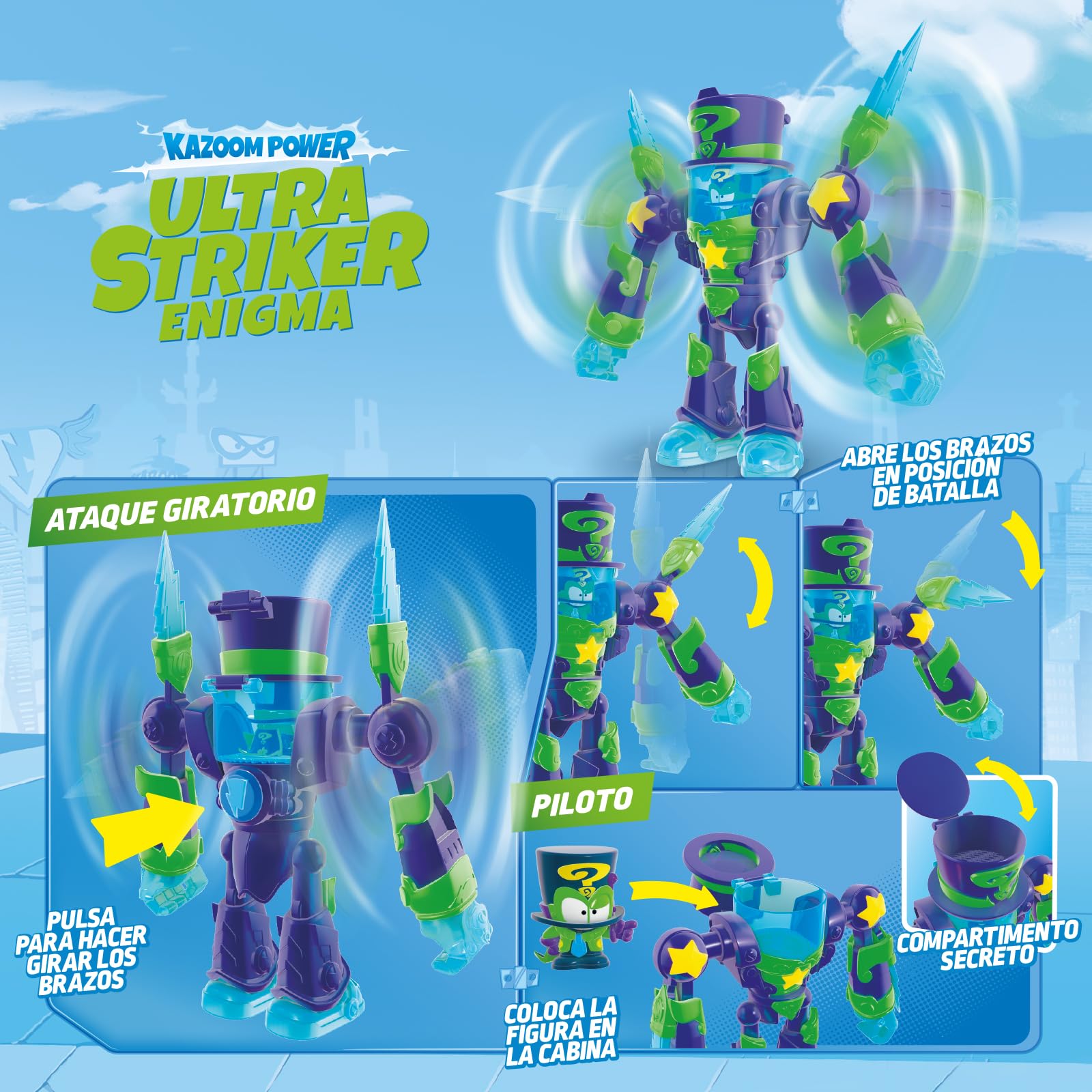 SUPERTHINGS – Ultra Striker Enigma. Robot Ultra Striker de Enigma de la Serie de TV “SuperThings Kazoom Power”. Contiene 1 Ultra Striker Robot, 1 Enigma Exclusivo, 1 Accesorio