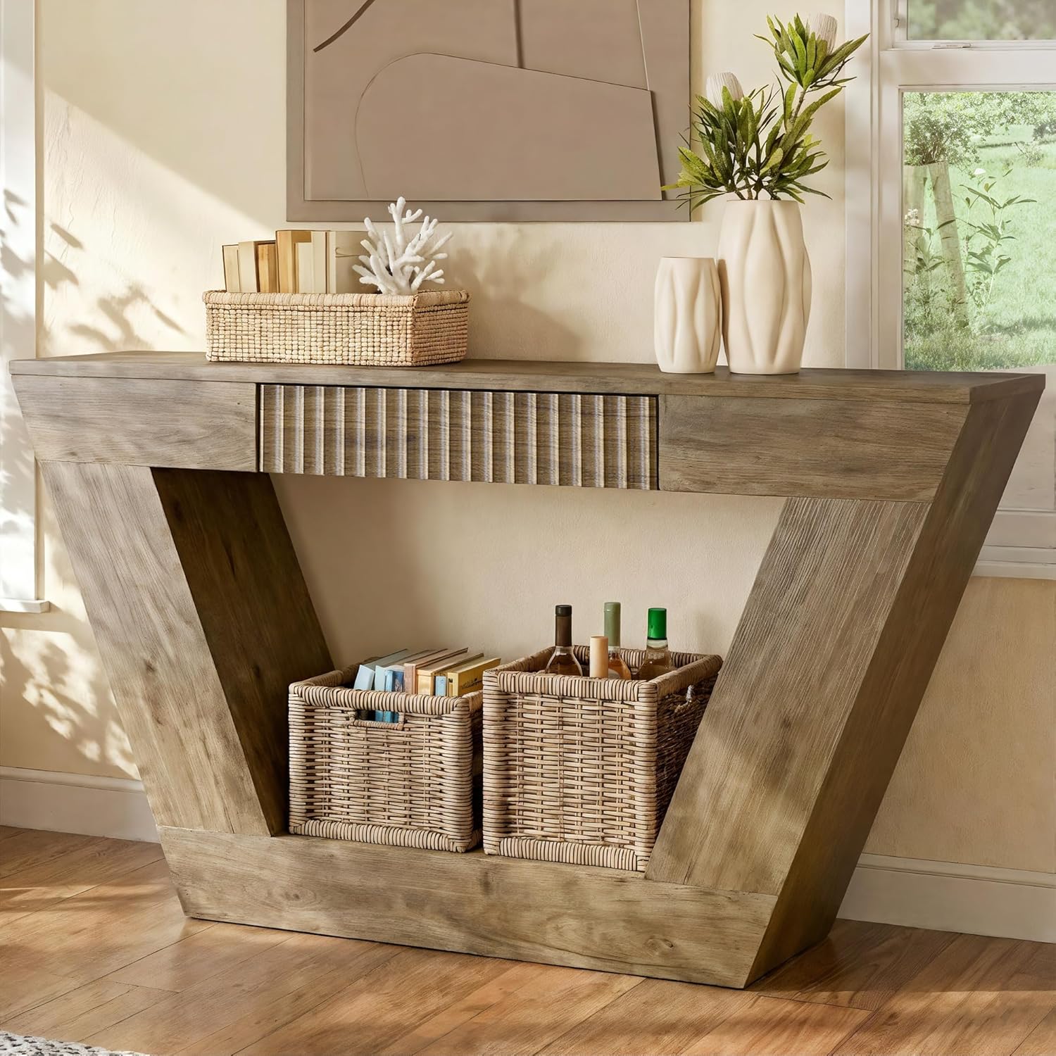 senlin 47.3'' Farmhouse Console Table,Wooden Sofa Table with Fluted Drawers and Open Storage,Suitable for Entryways, Hallways,Living Rooms, Brown