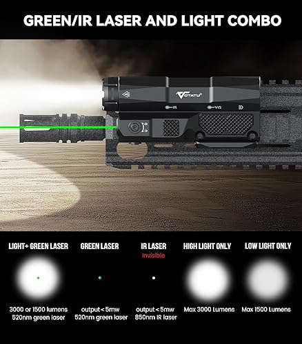 Miniatura 2 de VOTATU MDL-IG - Linterna táctica láser de 3000 lúmenes para rifle, láser verde/luz/infrarrojos, interruptor de almohadilla de presión integrado,