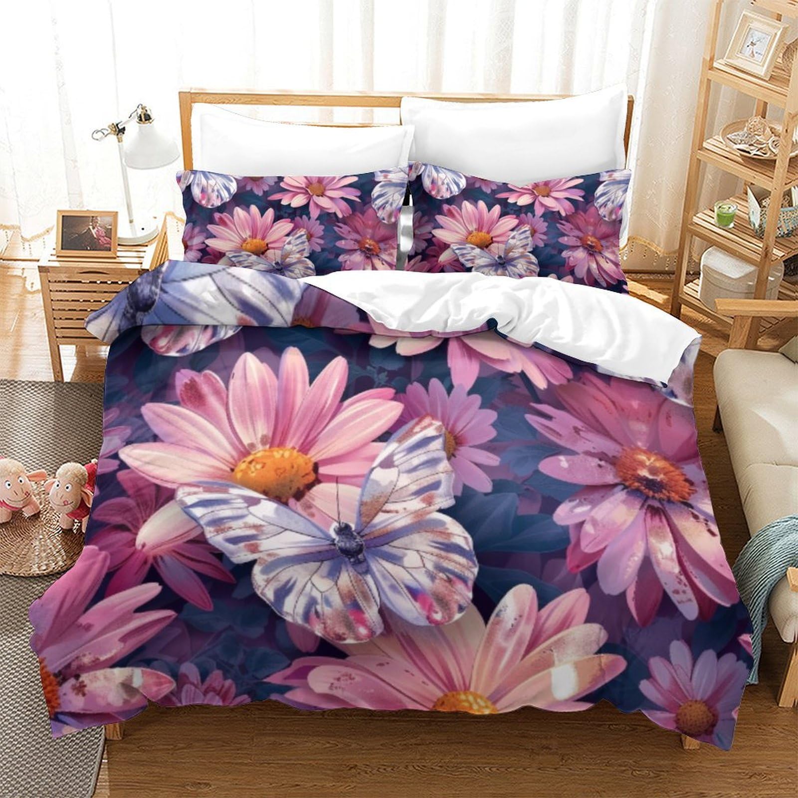 Housse de couette fleurs 260x220 cm avec taies d'oreiller pour lit adulte