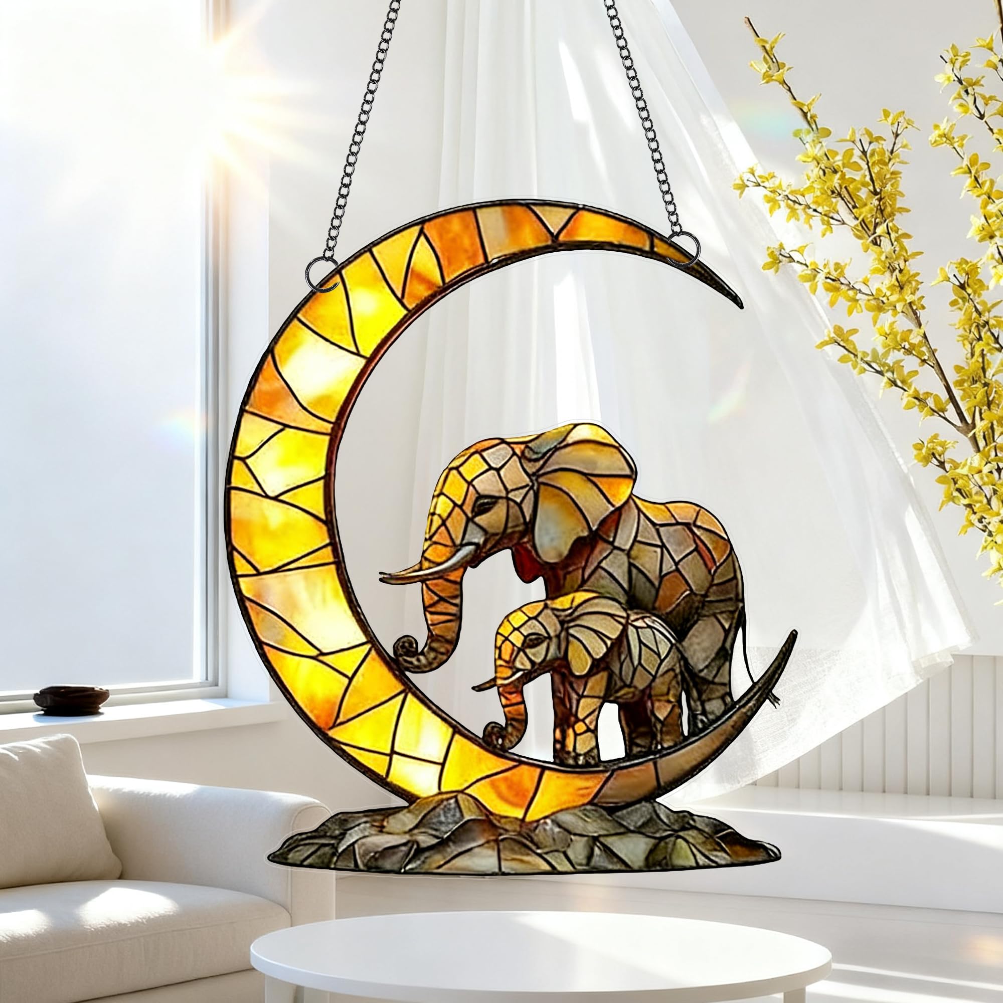 Crescent Moon Mother and Baby Elephant Acrylic Suncatcher with Hanging Chain, Warm Mosaic Window Decor for Home, Patio, Garden,Ideal Present for Family, Housewarming, Baby Shower/YX-42 — view 3