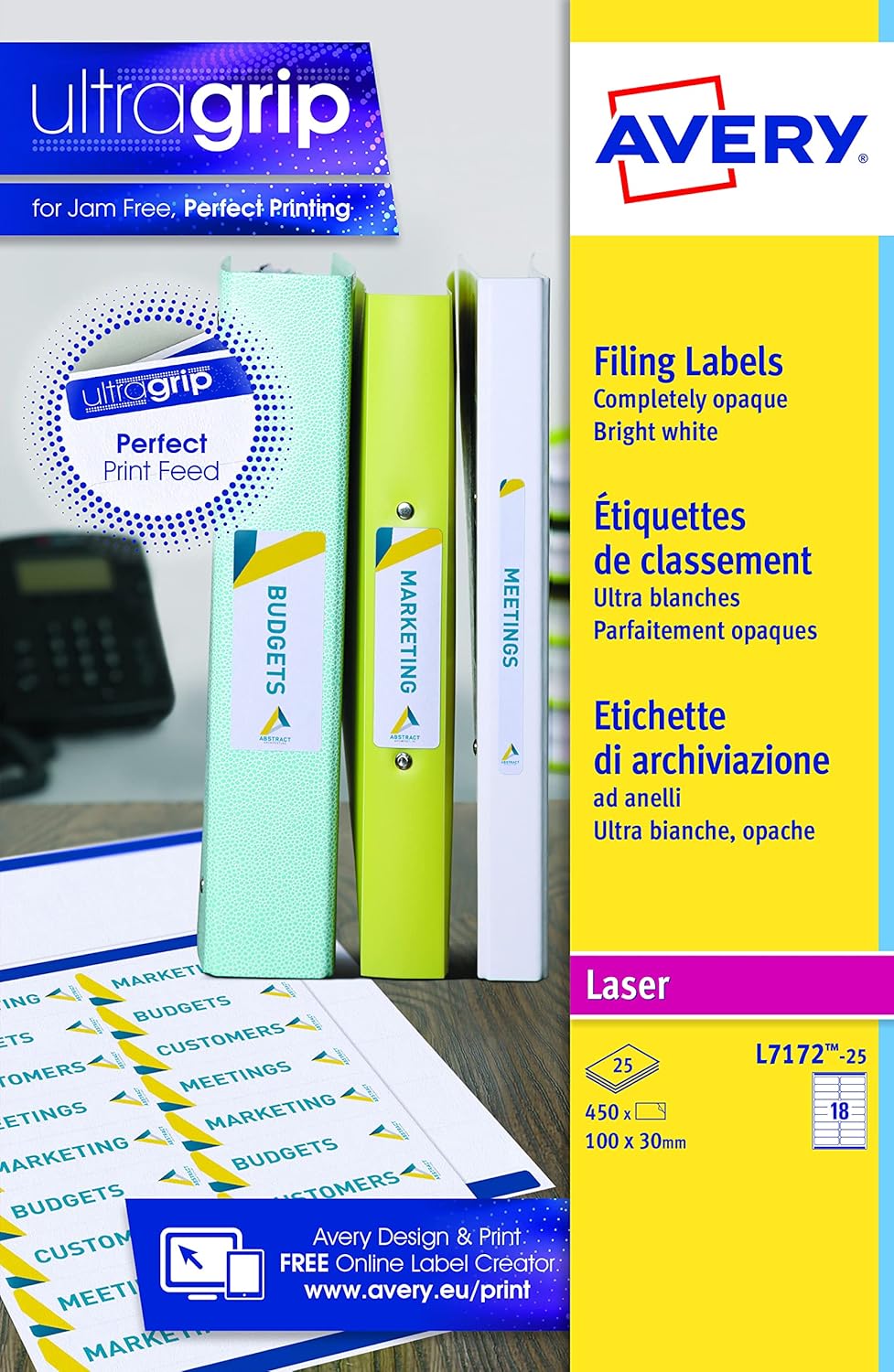 Avery L7172-25 Self-Adhesive Ring Binder File Labels, 18 Labels Per A4 Sheet,White