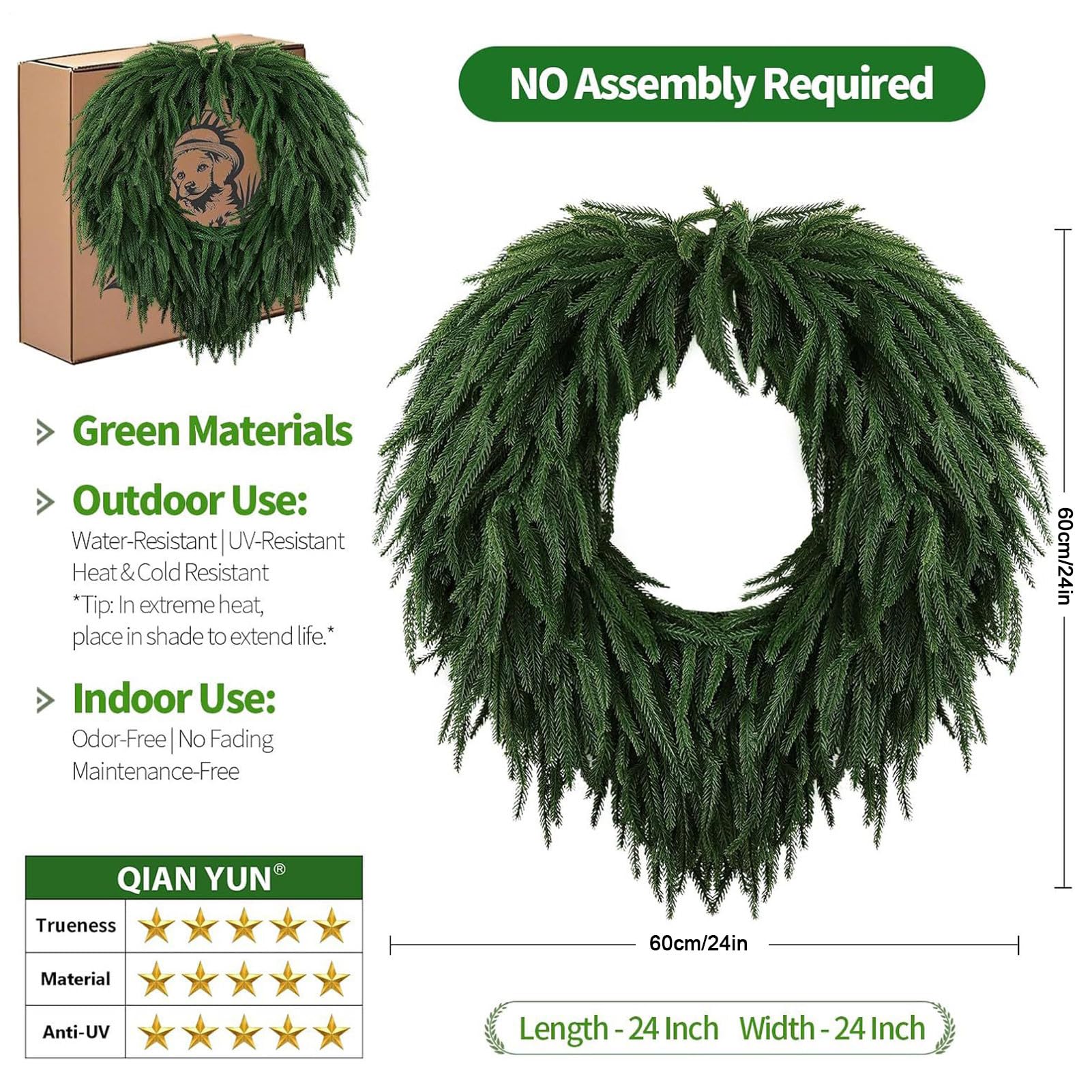 Weihnachtskranz für den Innenbereich, 60 cm, Heimdekoration, Grünkranz, dekorative Girlande für Eingang, Weihnachten, Kaminsims, Wand, Kamin, Fenster, Hausbesitzer, Innen- und Außenbereich, Haustür