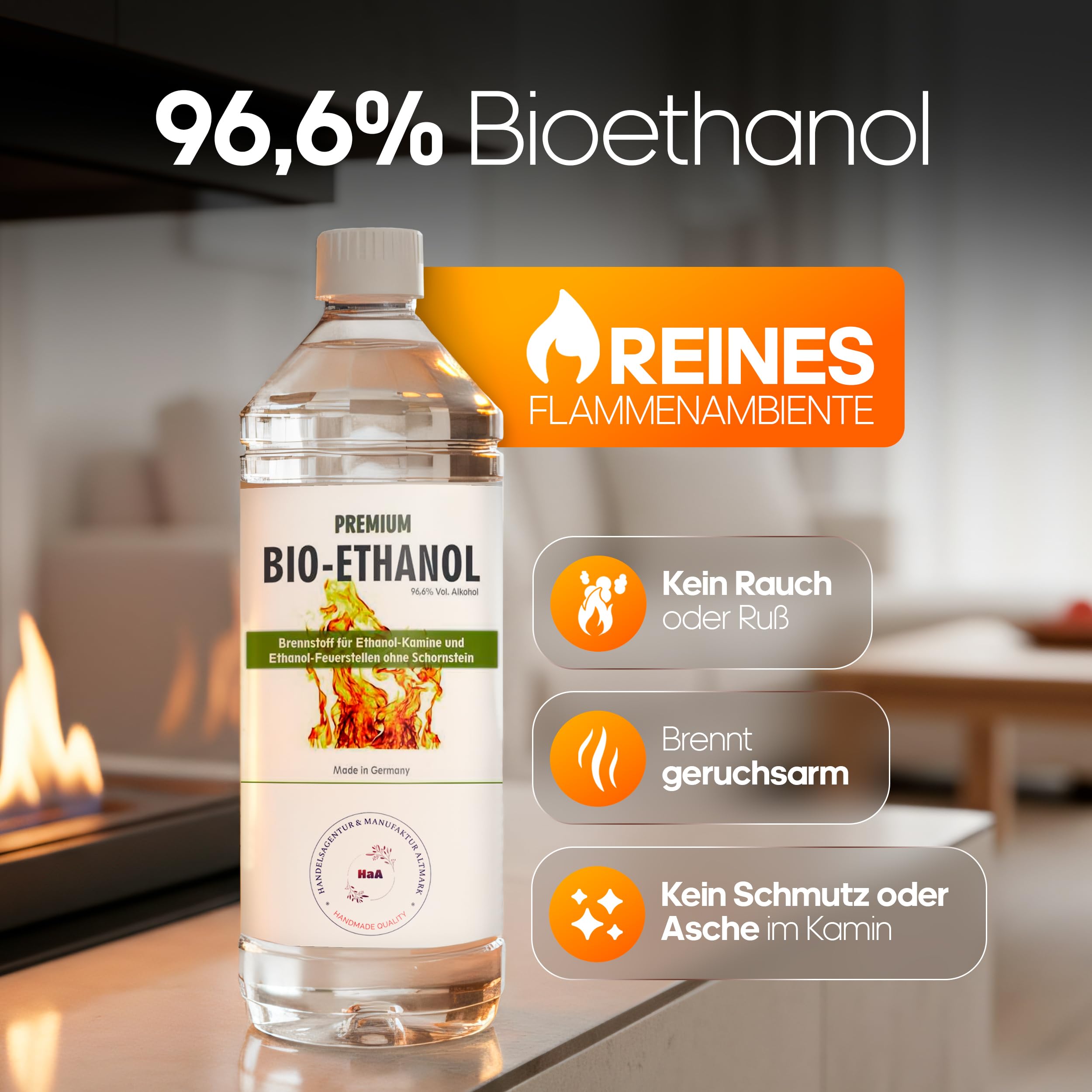 HaA Bioethanol 96,6% Premium 1 Liter – Für Bioethanol Kamin & Tischfeuer Indoor – Bio Ethanol für Tischkamin Indoor & Outdoor - Geruchsarm & rückstandsfrei – aus nachwachsenden Rohstoffen