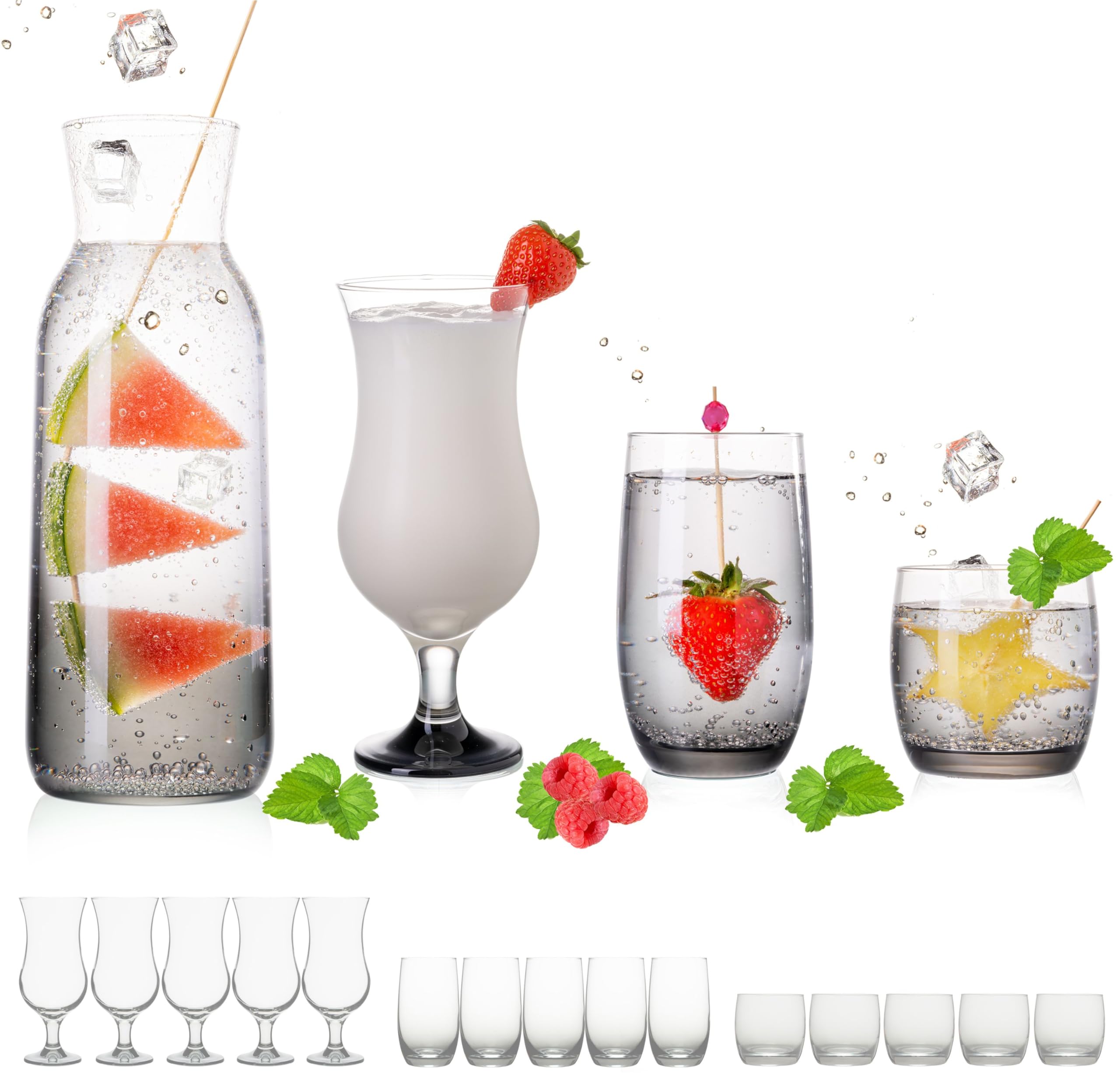 PLATINUX Juego de vasos y jarra con efecto ombré negro, 19 piezas de cristal, jarra de agua, vasos de cóctel