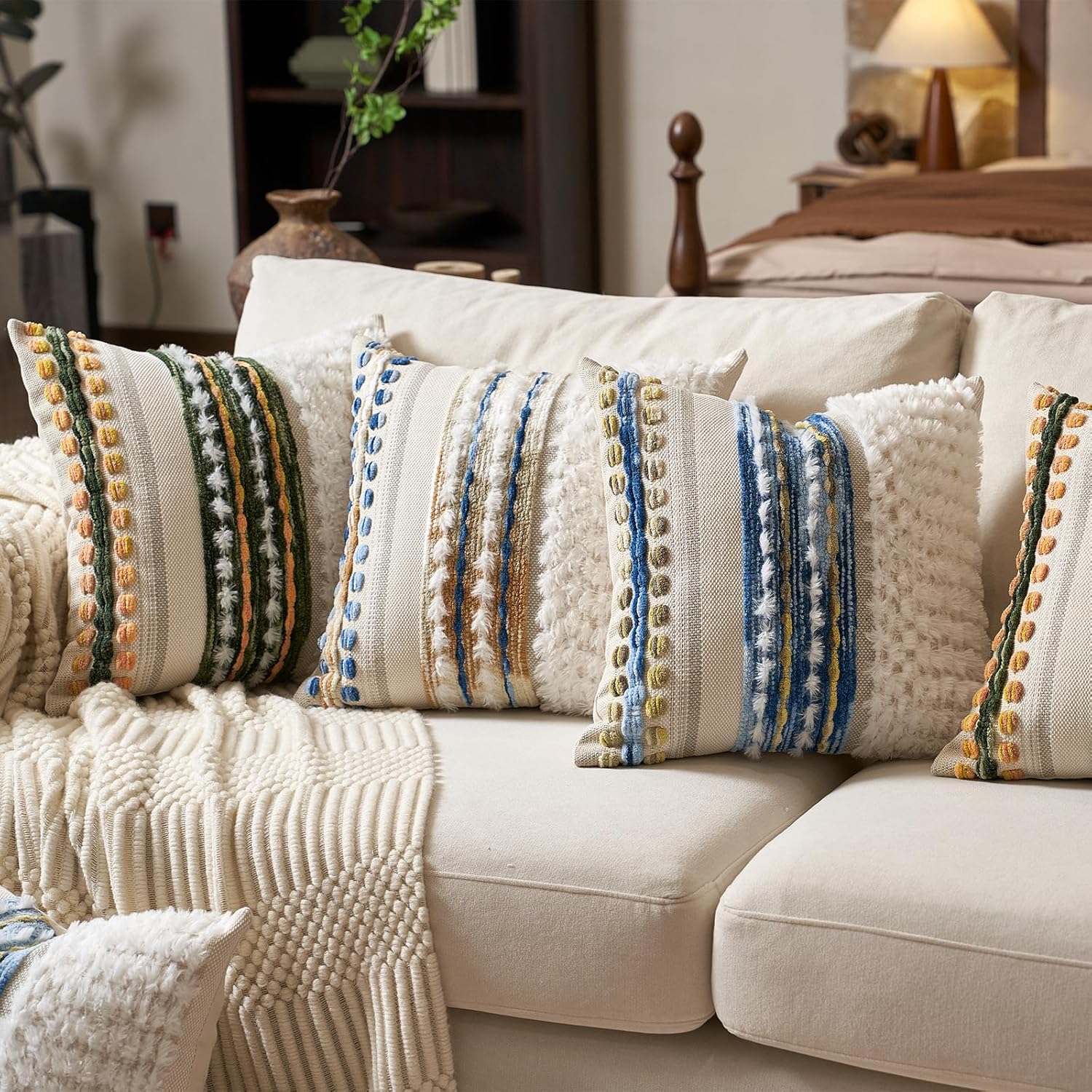 Aeckself Boho Chenille Tufted Throw Pillow Covers 18x18 Inch Set of 2, Farmhouse Decorative Striped Square Pillow Covers Accent Neutral Pillowcase for Living Room Couch Bed, Blue