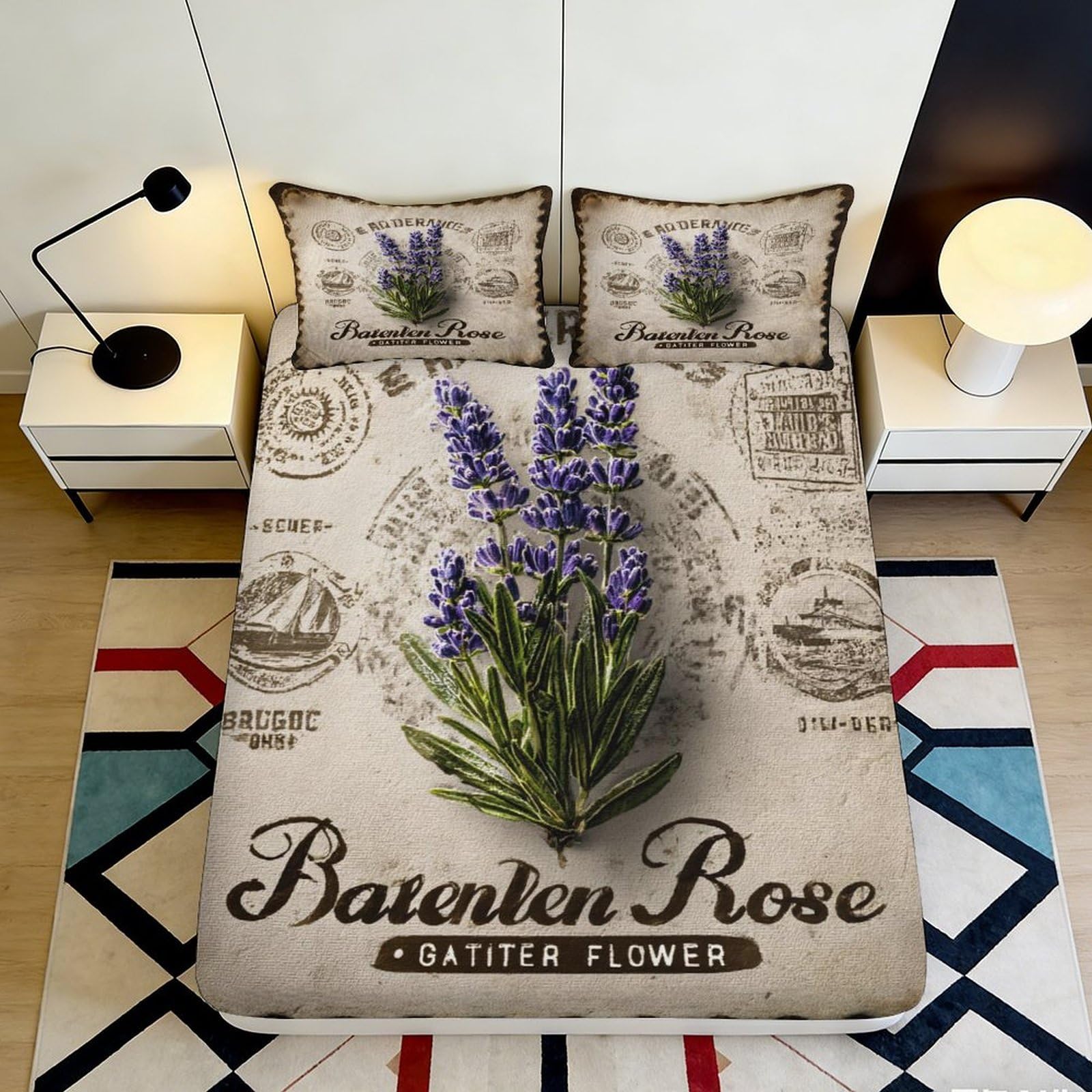 3D Printed Lavender Botanical Fitted Sheet Microfiber Soft Beige Vintage Letter Mattress Cover Bedroom Decor Protection 90x200x25cm