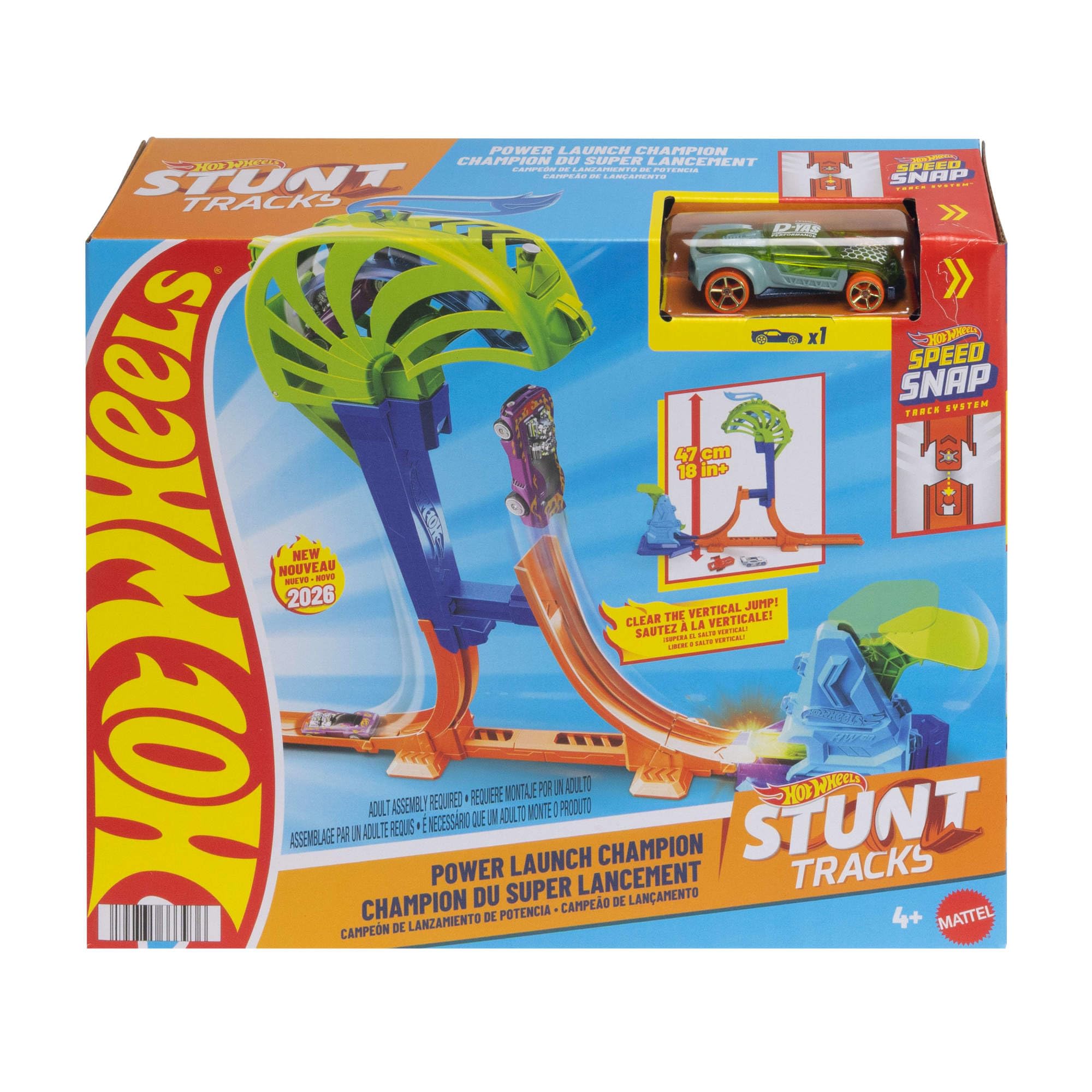 Hot Wheels Lanceur Vertical de l’Extrême Coffret cascades avec saut de 45 cm de haut et cage de récupération, compatible piste Speed Snap, véhicule à l’échelle 1/64, JHK75
