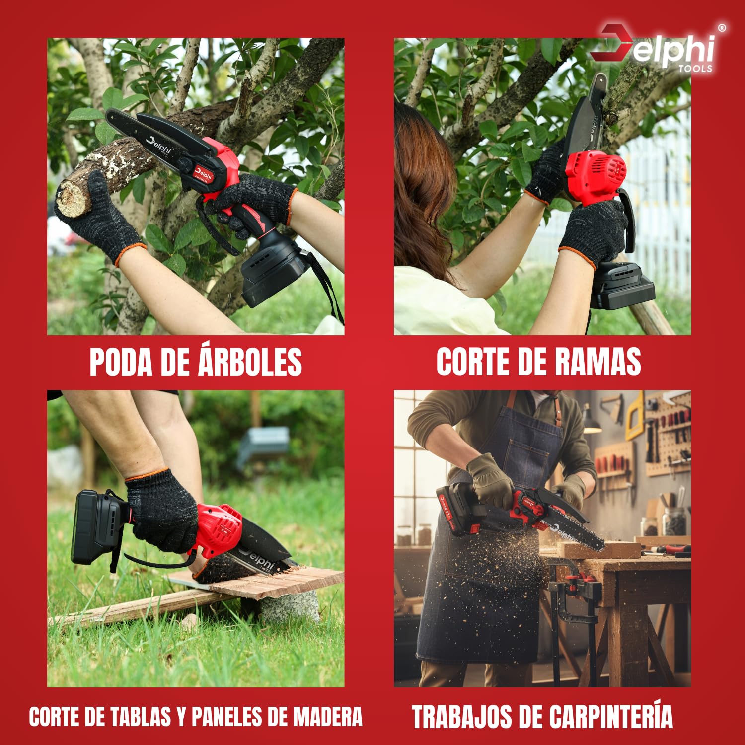Delphi Mini Motosierra con Batería Sierra de Poda 6 y 4 Pulgadas 800W 21V Motosierra de Mano con 2 Baterías - ideal para cortar ramas, madera, palets y árboles pequeños