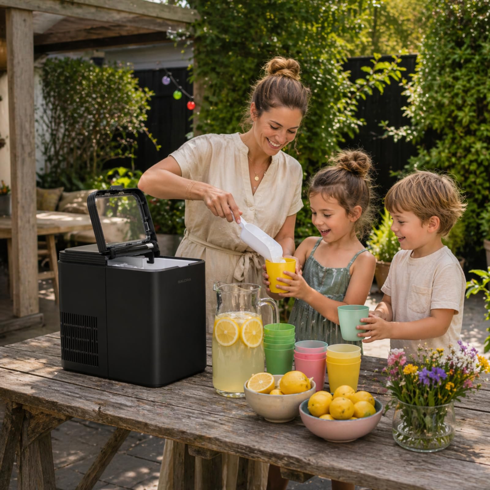 Salora ICEMAKER12B - Macchina per ghiaccio a cubetti, 12 kg/24h, 2 misure 6-9 min, serbatoio da 1,3 l, touch screen, compatta e portatile, con paletta per gelato, nero opaco