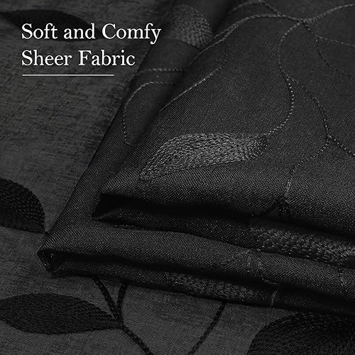 Miniatura 8 de HOMEIDEAS Cortinas Semitransparentes Negras de 52 x 96 Pulgadas de Largo 2 Paneles Patrón de Hojas Bordadas Negras Gótico Lino Sintético Floral