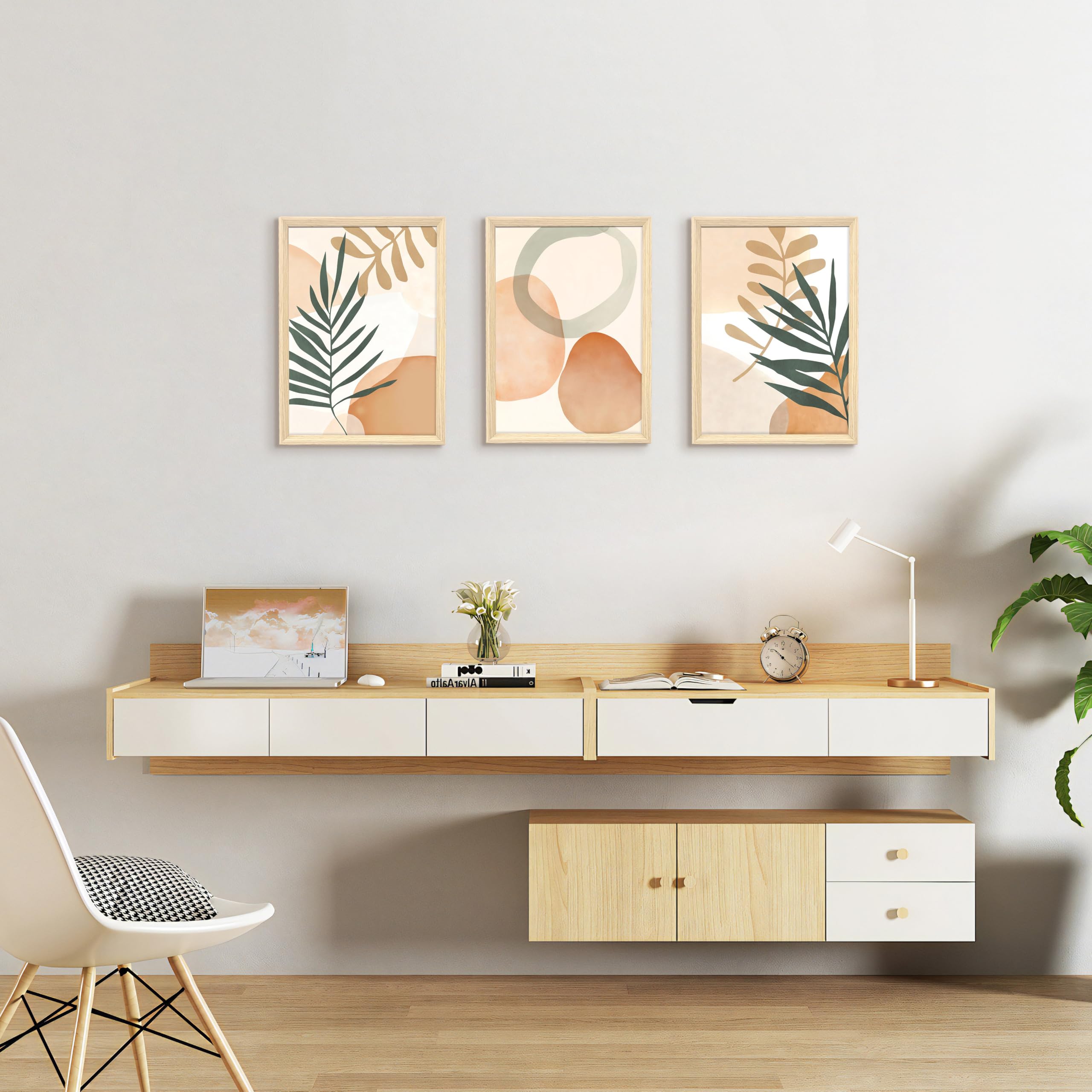 3 Pcs Wooden Framed Canvas Wall Art Set Bohemian Sage Green Canvas Prints Poster Geometric Line Beige Green Pictures for Living Room Bedroom Dinning Room Hallway Stairs Wall Decor 30x40cm x3pcs — view 498