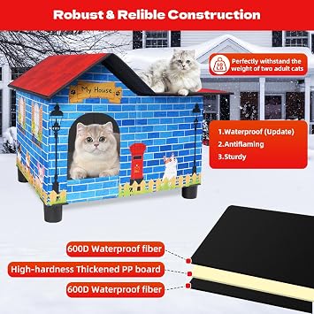 Large Elevated Heated Cats House for Outdoor, Weatherproof Heated Cat Shelter in Winter, Foldable Cat Bed House with Heating Pad for Outside, Feral Small Animals for Rabbits Cats Puppy