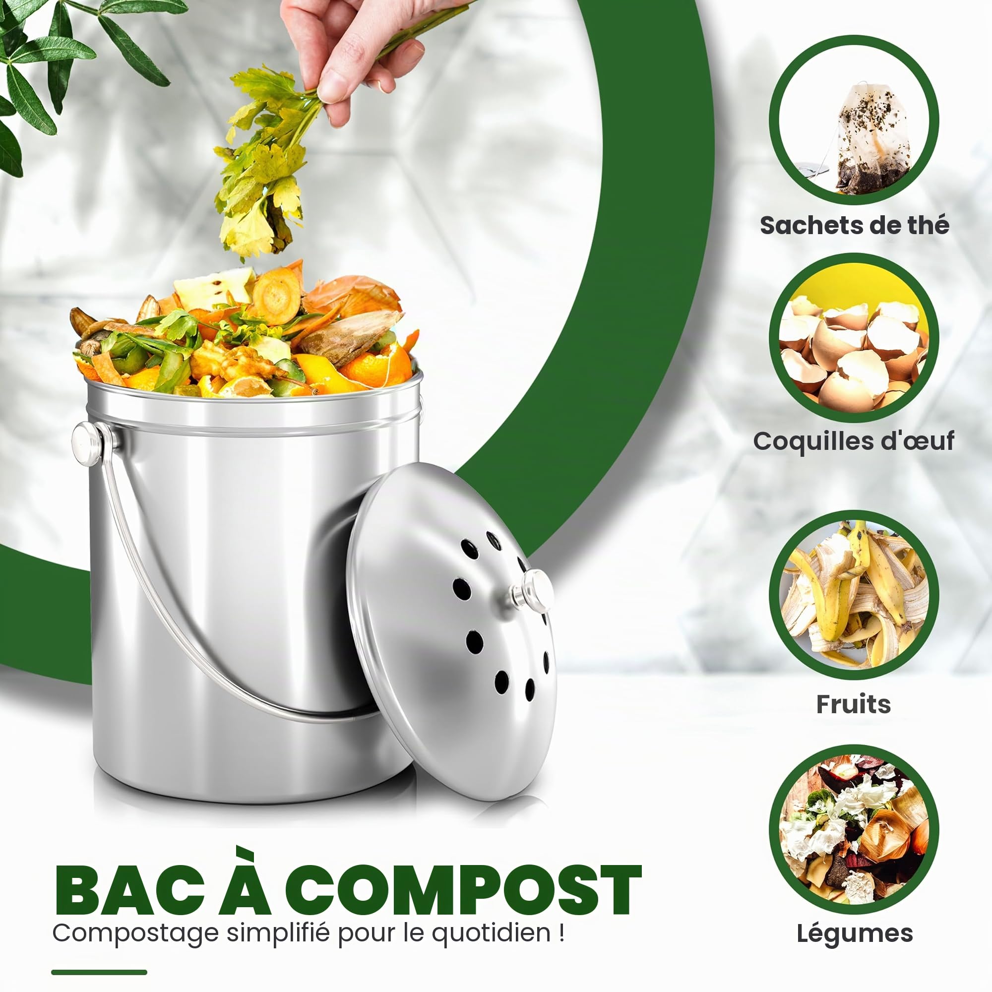 Poubelle à Compost en Acier Inoxydable de qualité supérieure, avec Filtre à Charbon Inclus Utopia Kitchen