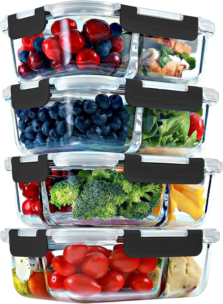 FIT Strong & Healthy Glass Meal Prep Containers, 2 & 3 Compartments - Portion Control, Lunch Container Set, Food Storage, Airtight Lids, Oven & Freezer Safe, Leak-Proof Bento Box, 32 oz, Black, 4 Pack