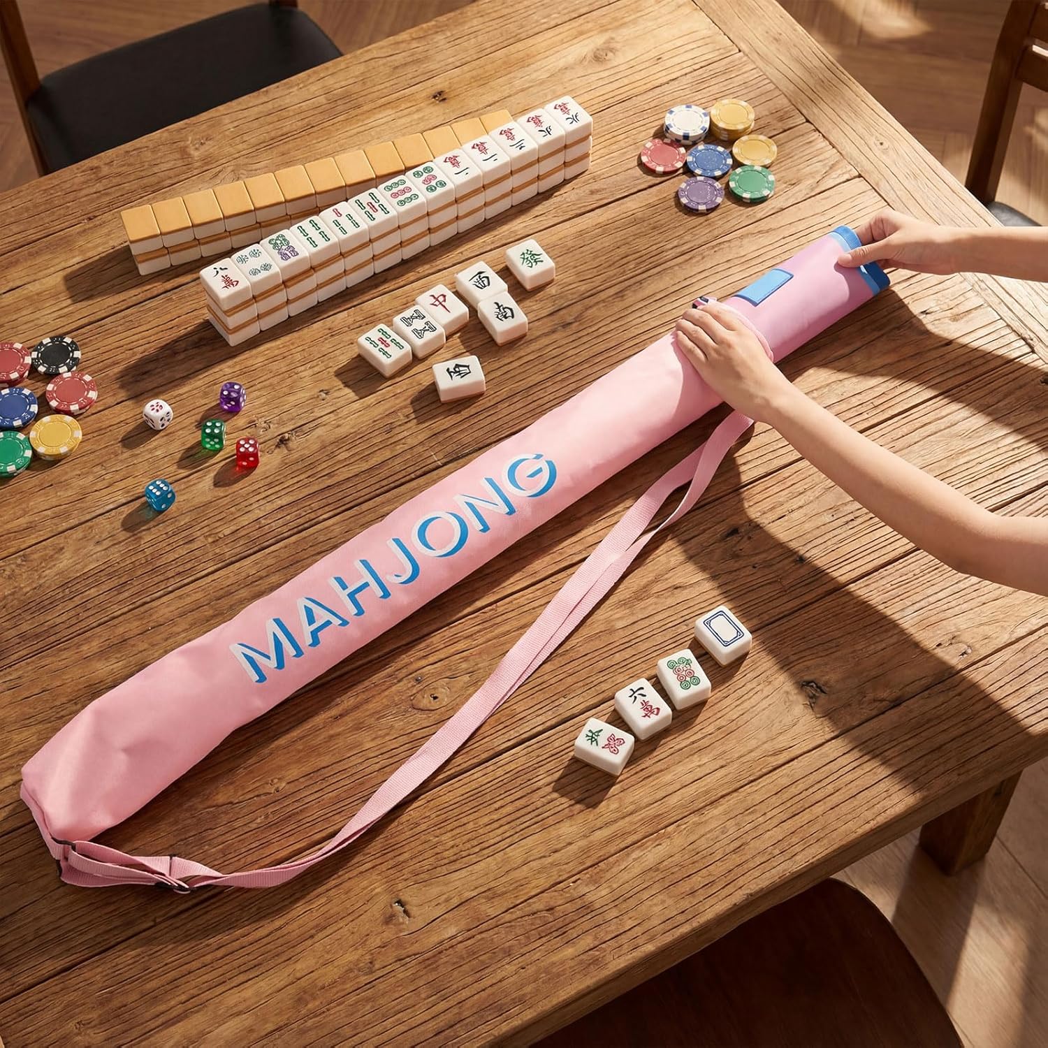 35 Inch Long Mahjong Mat Bag Cute Double Strapped Soft Polyester Drawstring Mahjong Holder Lightweight Waterproof Outdoor Carrying Bag for Board Games Travel Storage Mat Not Included(Pink)