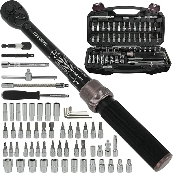 63Pcs 1/4-Inch Drive Click Torque Wrench Set(1-25 N.M/10-222.5IN.LB)，with Bit Socket Set Metric and Extension Bar for Auto Repairing and Household, with Storage Case